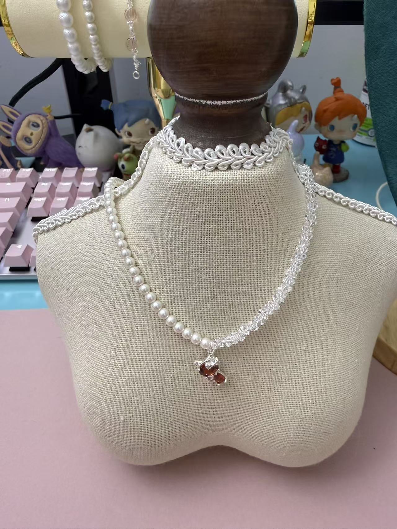 Pink Zircon Bow Pearl Choker Necklace, Silver Plated Beaded Chain, Sweet Y2K Aesthetic Jewelry N82