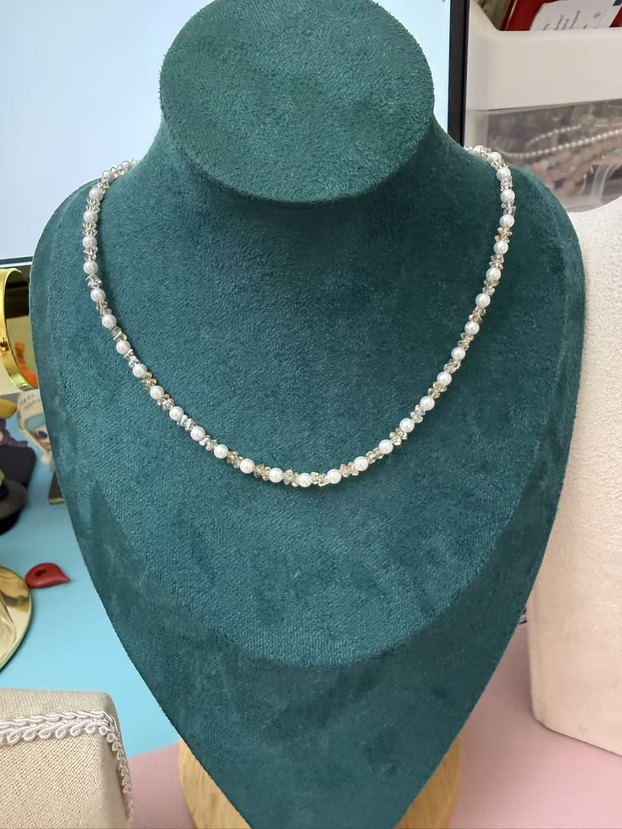 Dainty Imitation Pearl & Clear Faceted Crystal Beaded Choker Necklace, Silver Plated Minimalist Jewelry N86