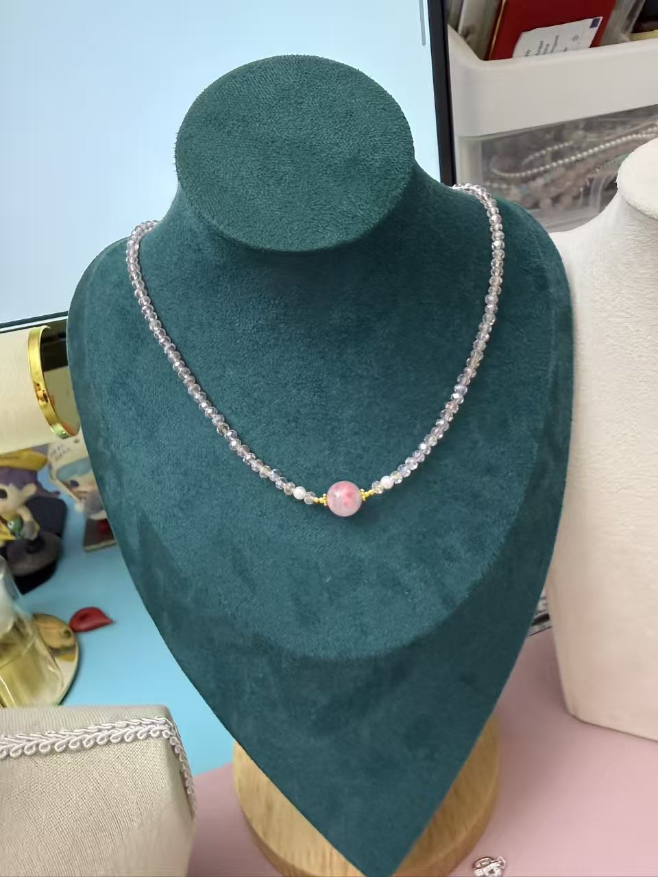 Dainty Pink Crystal Choker Necklace with Cherry Blossom Rain Rhodonite & Pearl Accents N80