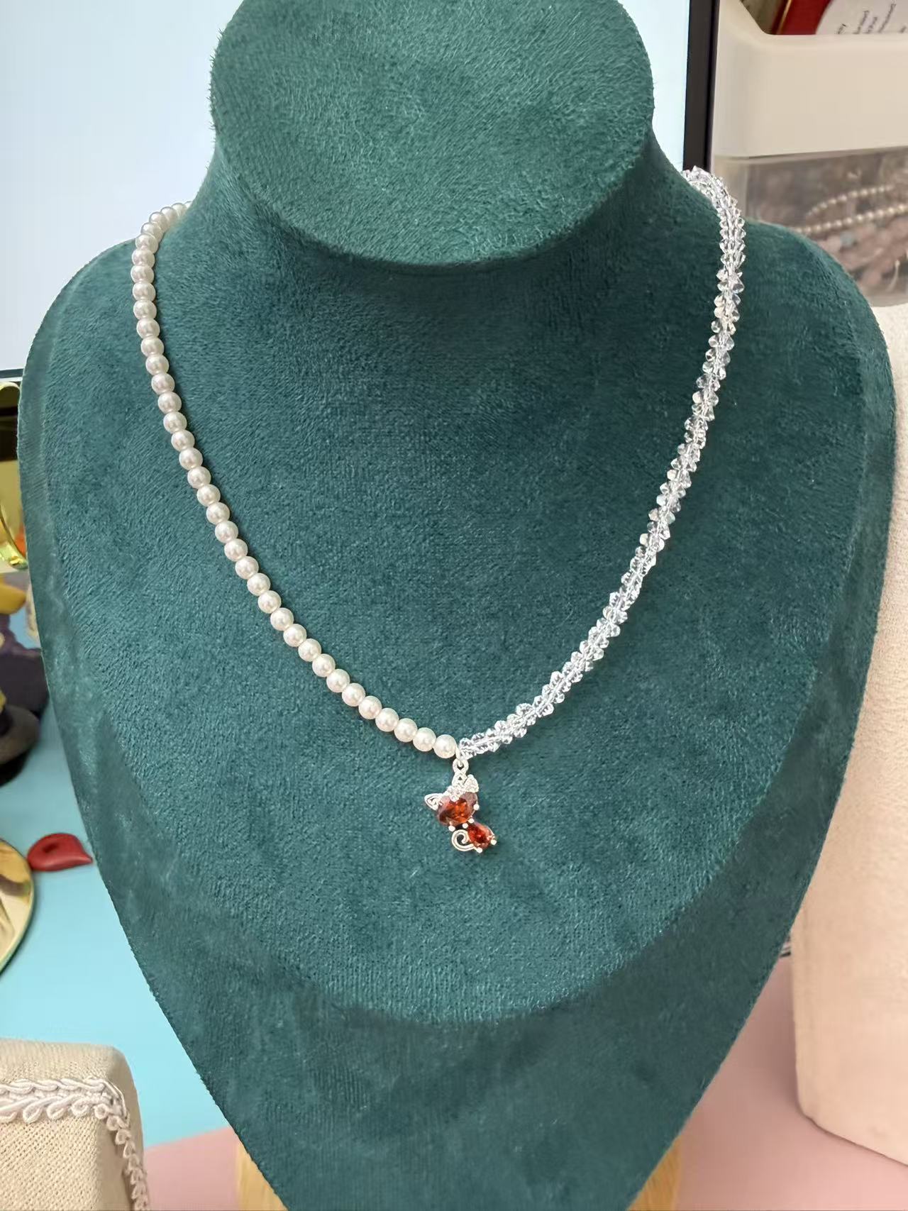 Pink Zircon Bow Pearl Choker Necklace, Silver Plated Beaded Chain, Sweet Y2K Aesthetic Jewelry N82