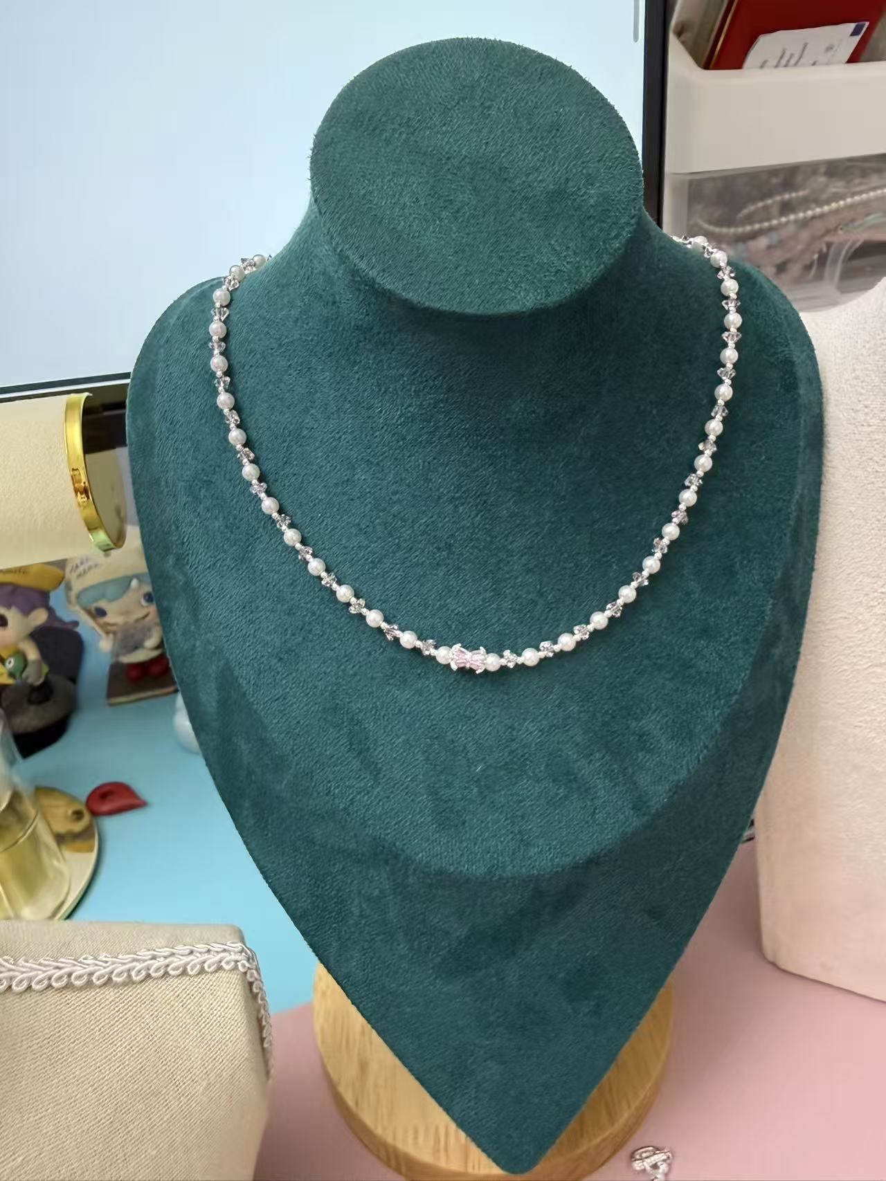 Pink Zircon Bow Pearl Choker Necklace, Silver Plated Beaded Chain, Sweet Y2K Aesthetic Jewelry N85