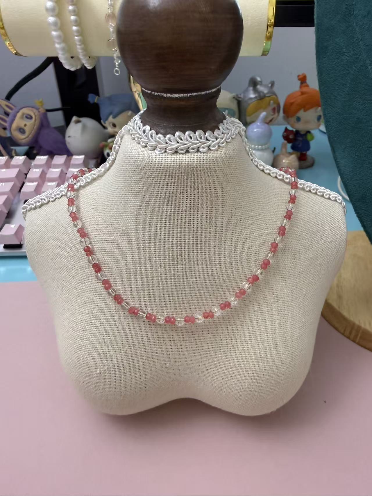 Dainty Pink & Clear Crystal Beaded Choker Necklace | Minimalist Strawberry Quartz Inspired Delicate Chain for Women N87
