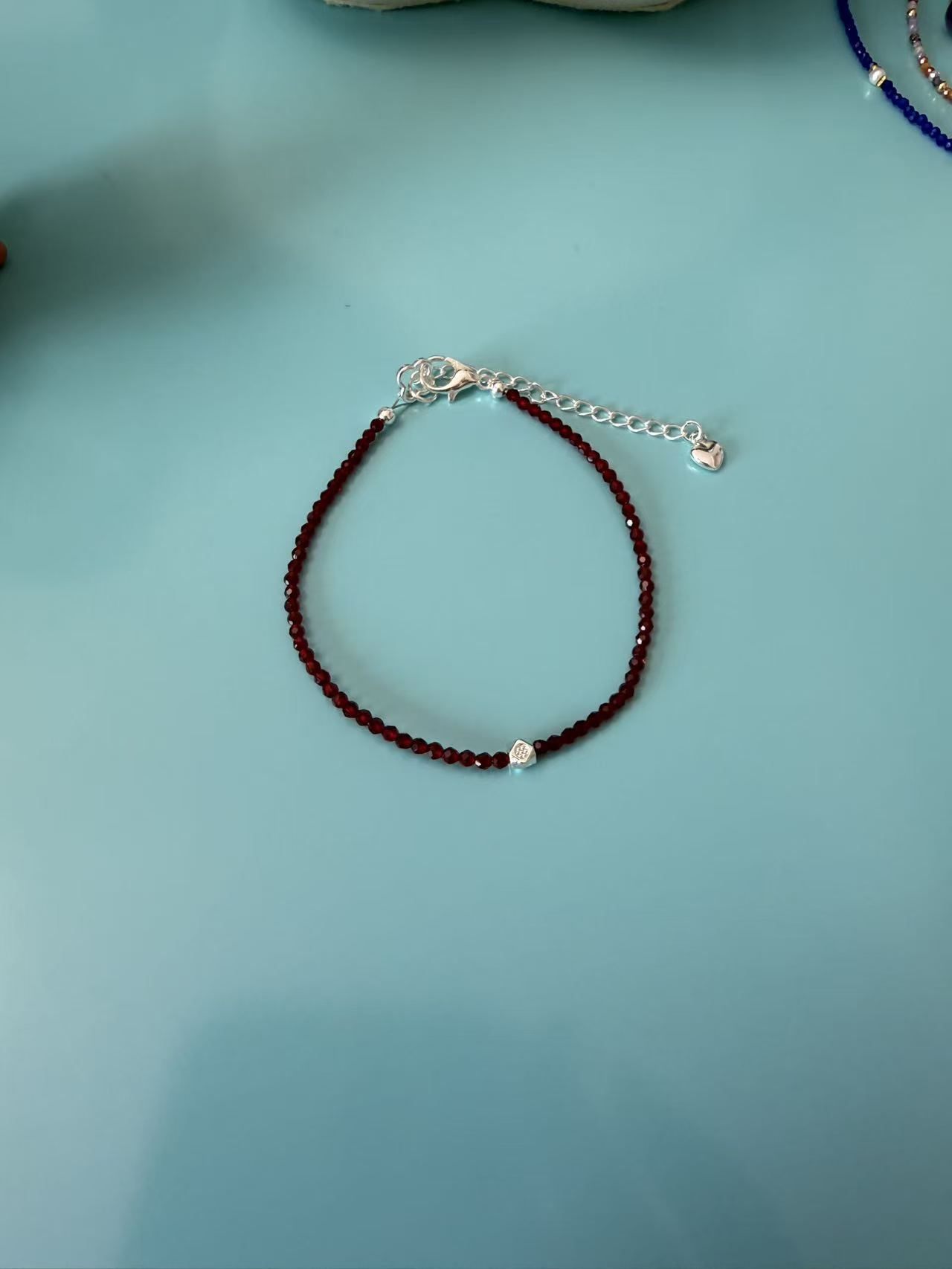 Dainty Deep Red Faceted Crystal Beaded Bracelet, Silver Plated Adjustable Chain with Heart Charm, Minimalist Everyday Jewelry B278