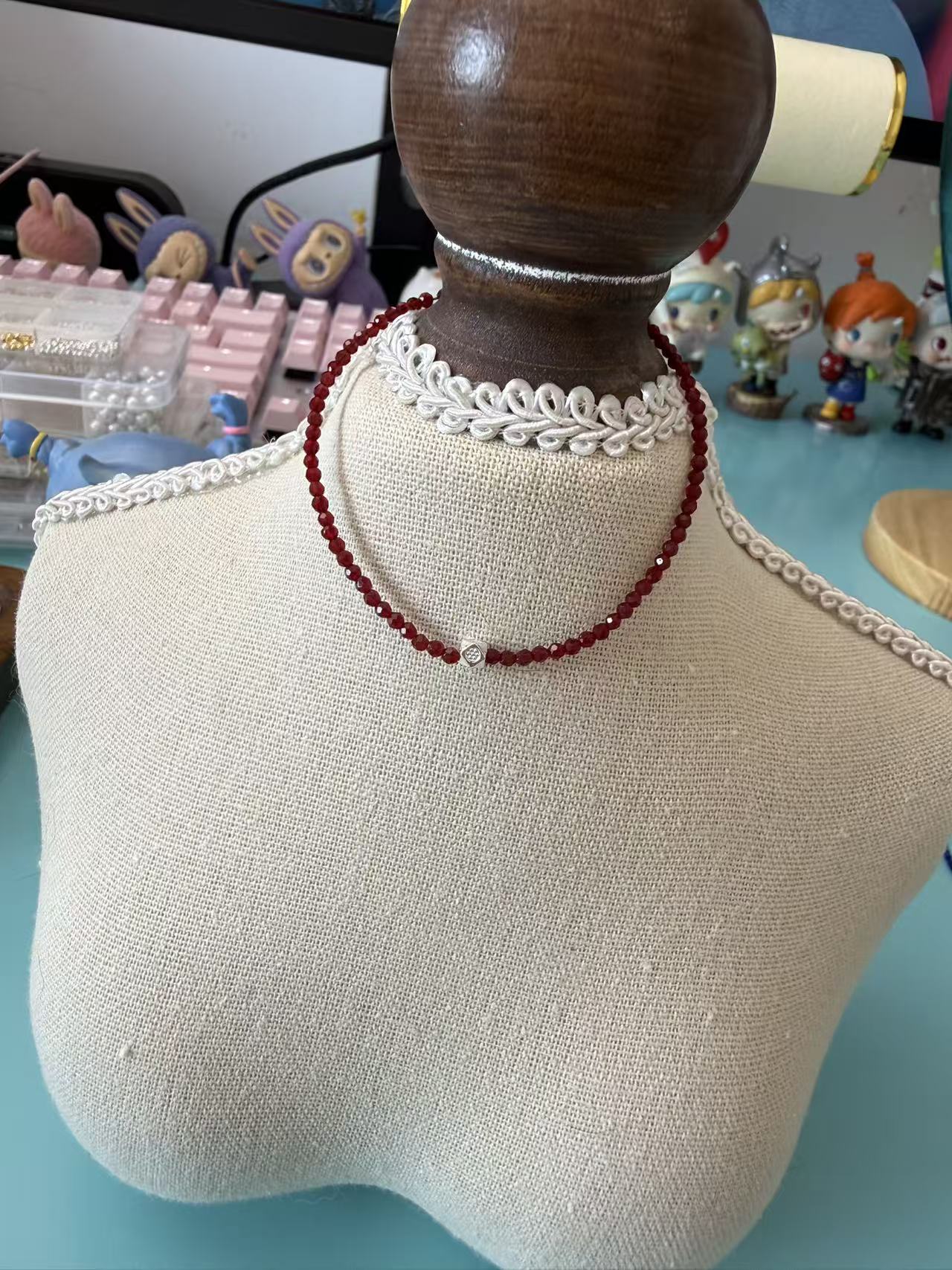 Dainty Deep Red Faceted Crystal Beaded Bracelet, Silver Plated Adjustable Chain with Heart Charm, Minimalist Everyday Jewelry B278