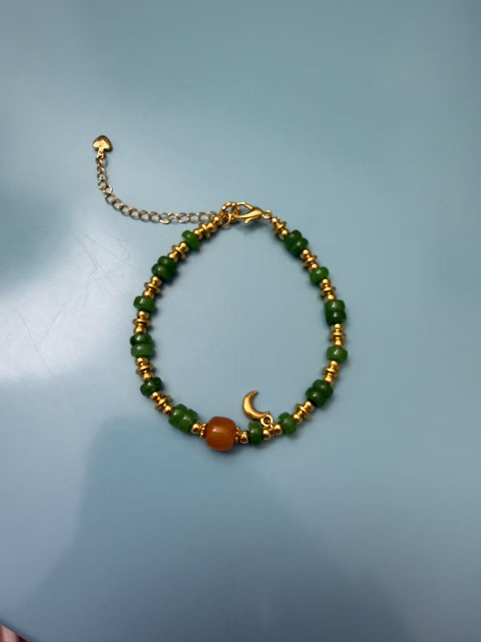 Vintage Green Jade & Gold Beaded Bracelet with Moon Charm, Adjustable New Chinese Style Women's Jewelry B321