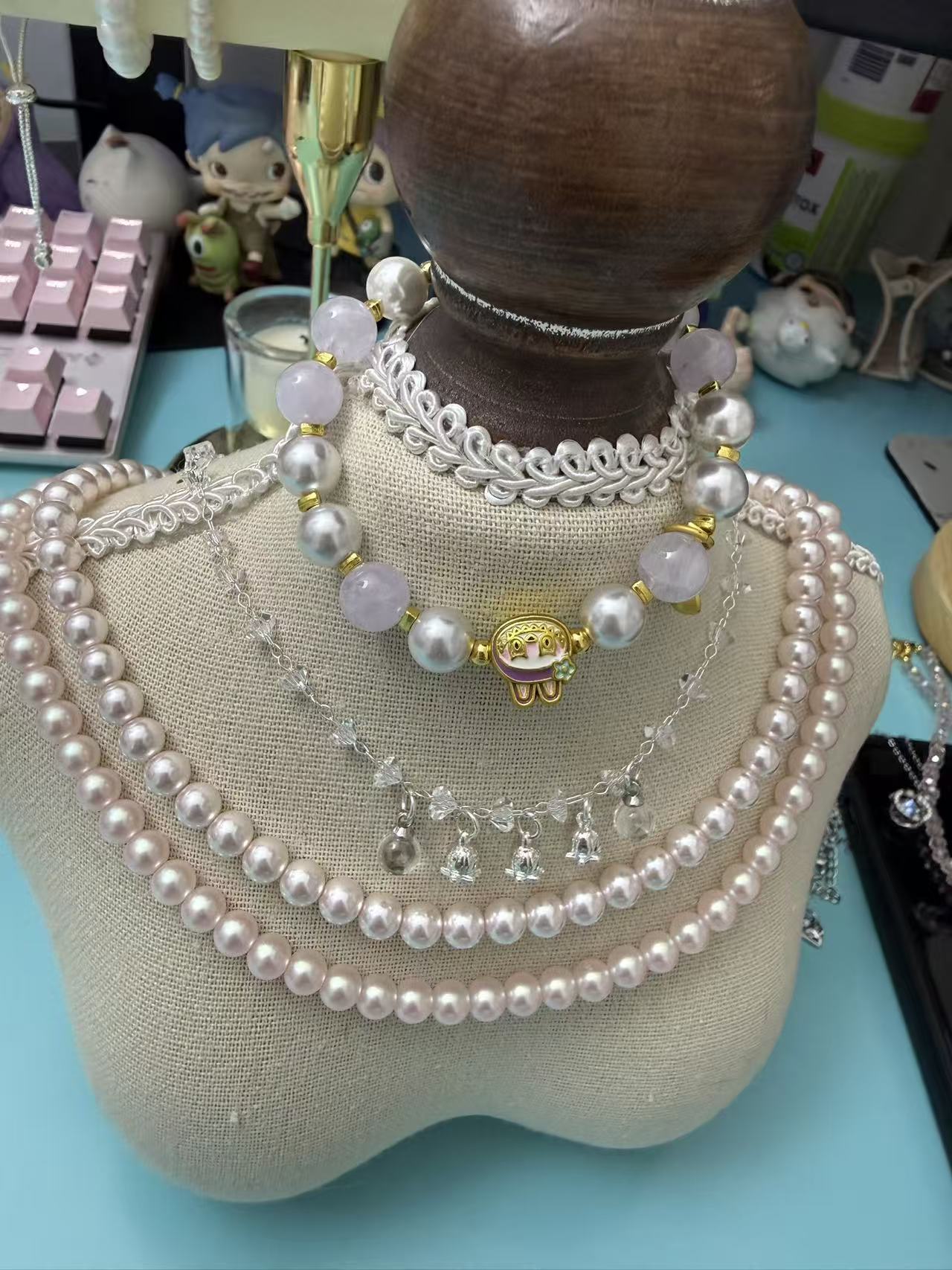 New Chinese Style Light Purple Jade & Pearl Beaded Bracelet with Gold Lucky Cat & Gourd Charms, Adjustable B322