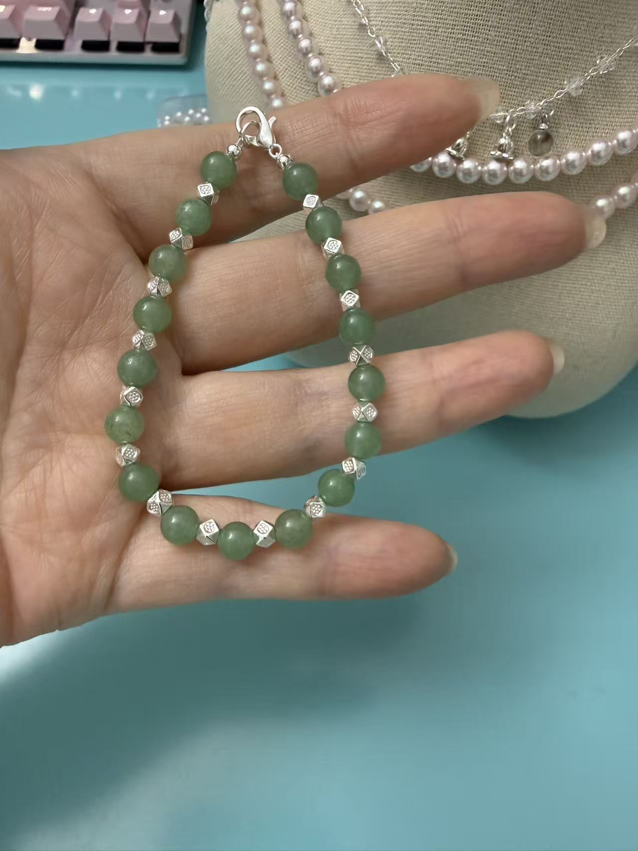 Dainty Light Green Jade Bead Bracelet with Silver Spacer Beads, Adjustable Minimalist New Chinese Style Wrist Jewelry b319