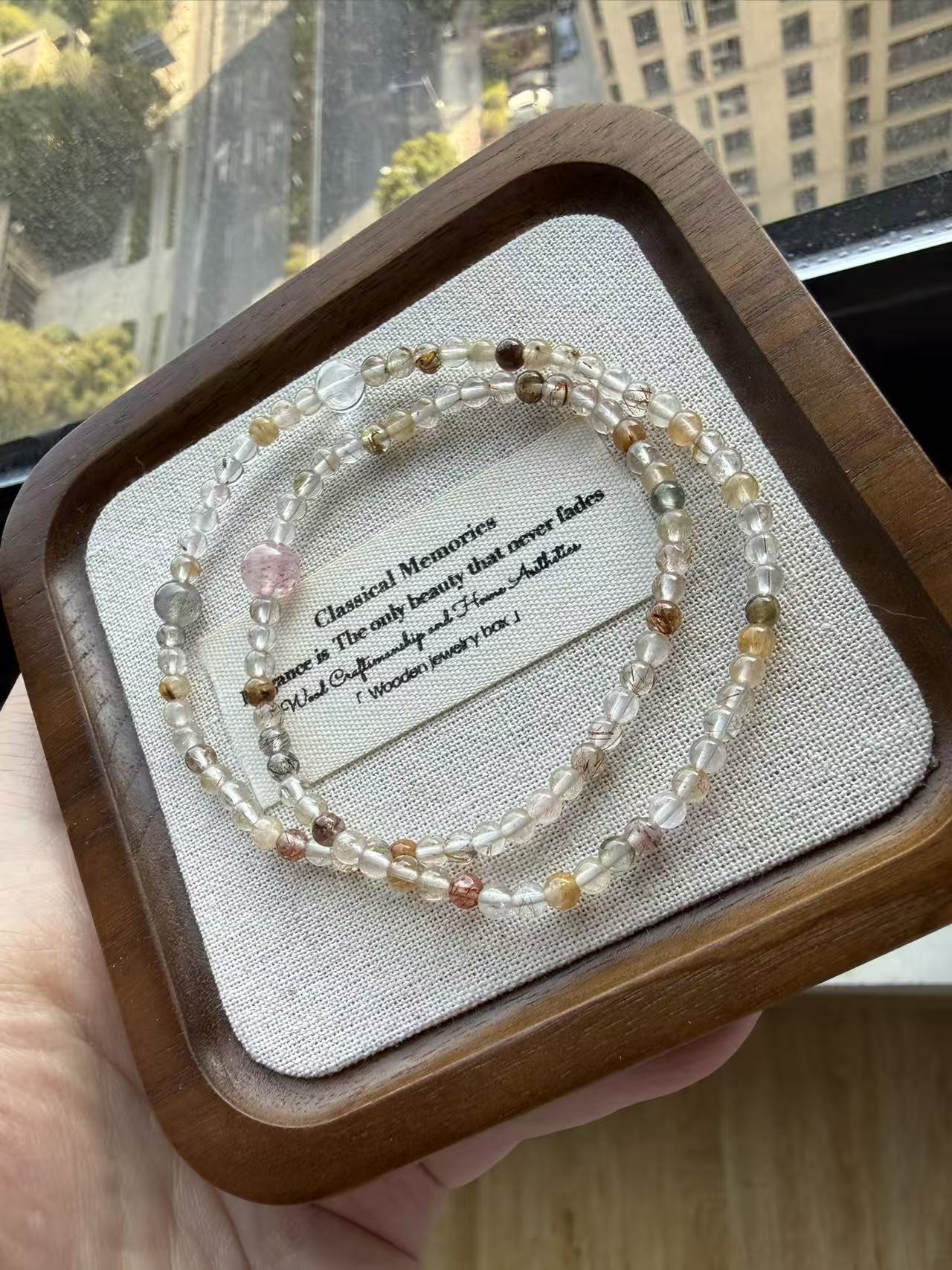 Double Strand Rutilated Quartz & Strawberry Quartz Beaded Bracelet, Dainty Multi-Color Crystal Stackable Wrist Jewelry b312