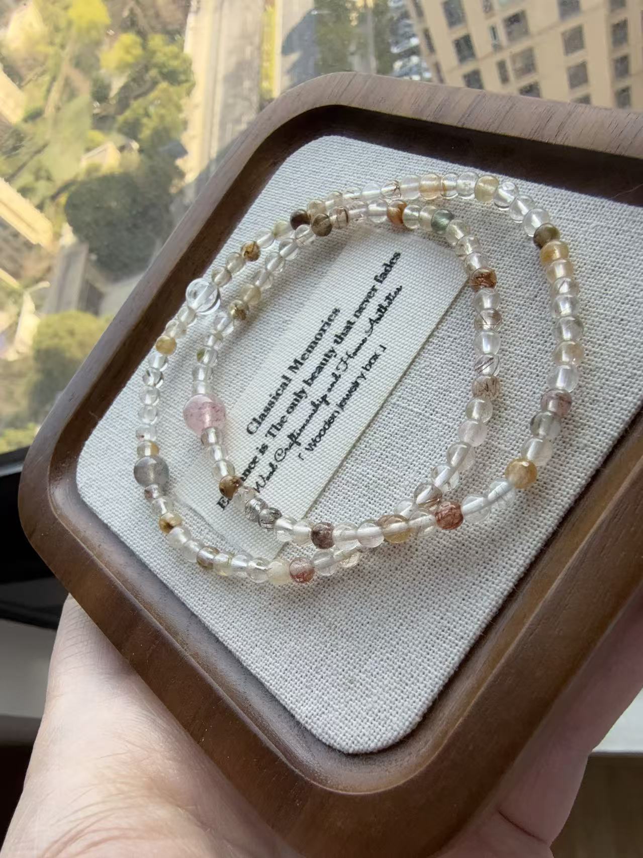 Double Strand Rutilated Quartz & Strawberry Quartz Beaded Bracelet, Dainty Multi-Color Crystal Stackable Wrist Jewelry b312