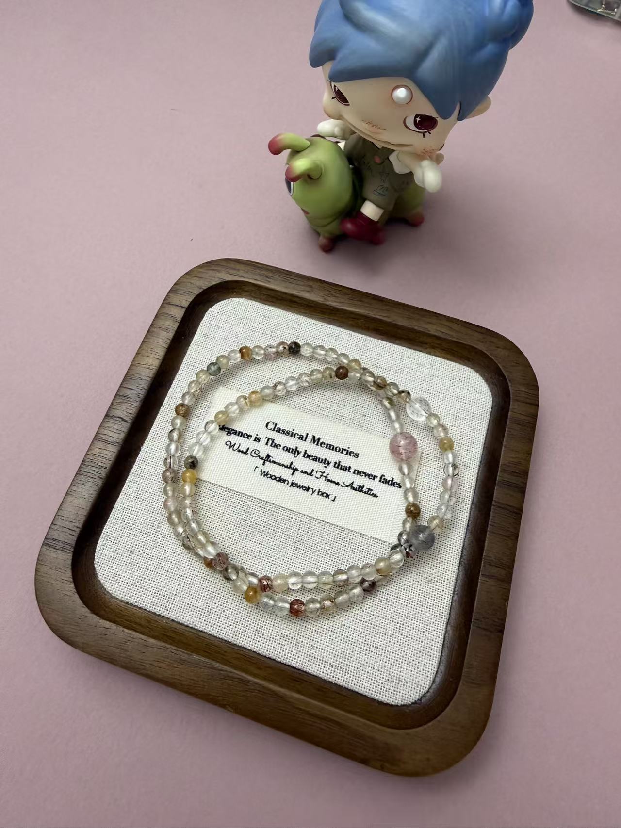 Double Strand Rutilated Quartz & Strawberry Quartz Beaded Bracelet, Dainty Multi-Color Crystal Stackable Wrist Jewelry b312