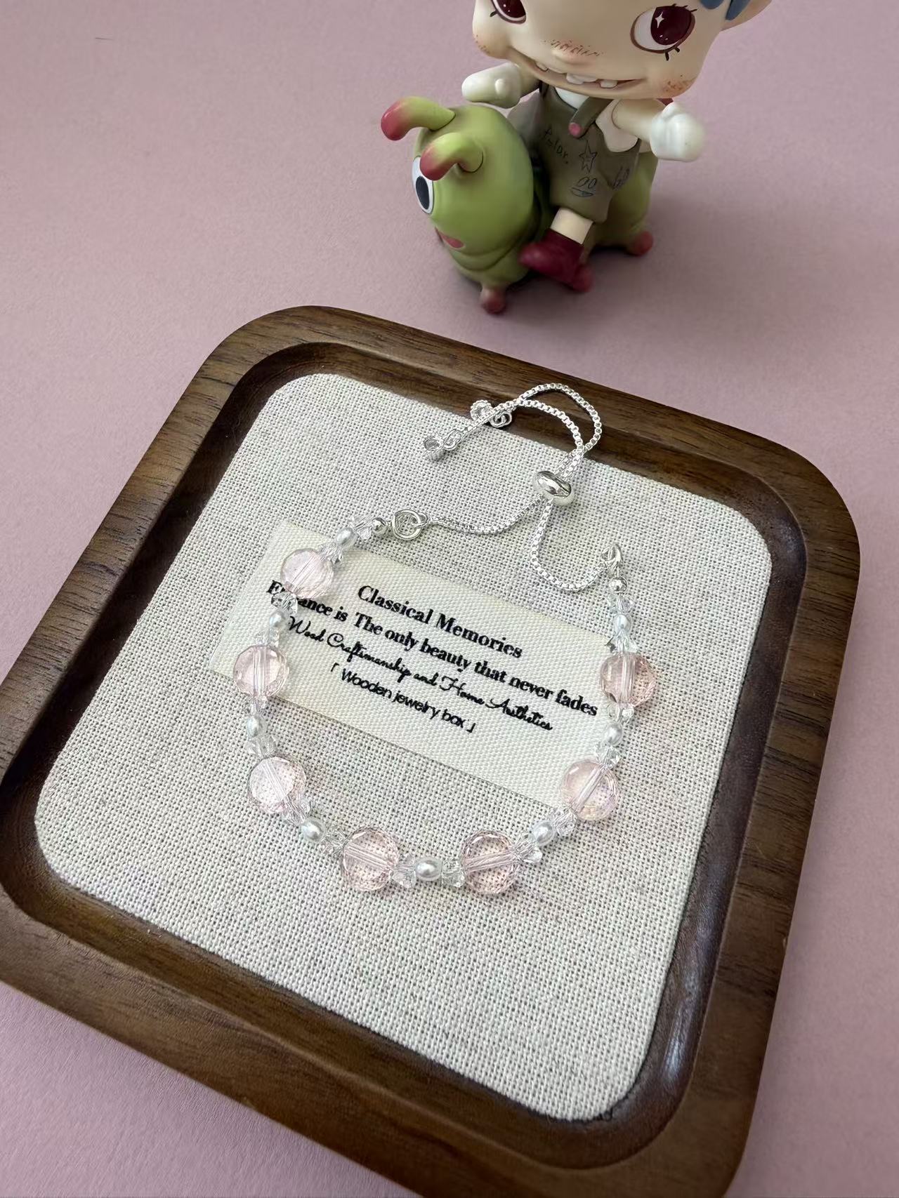Dainty Light Pink Crystal & Silver Adjustable Slider Bracelet, Feminine Minimalist Wrist Jewelry B326