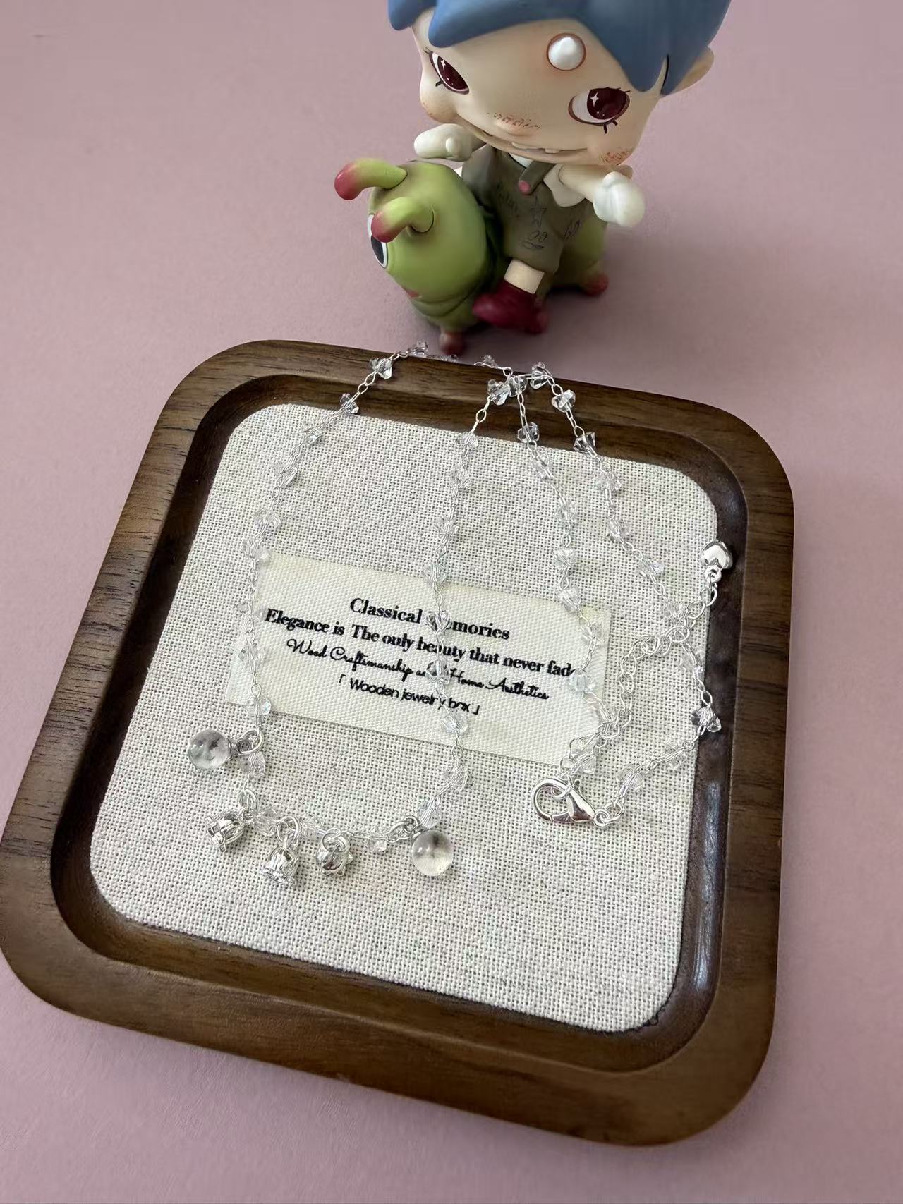 Clear Faceted Crystal Beaded Silver Necklace with Lily of the Valley Charms, Dainty Adjustable Choker for Women N13