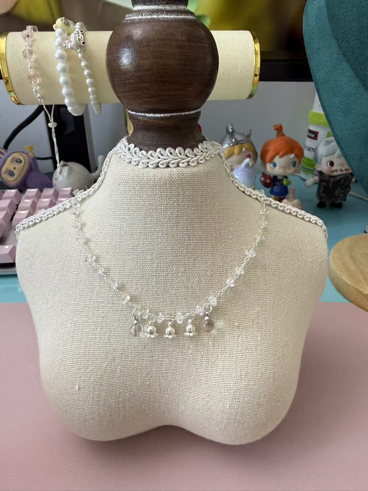 Clear Faceted Crystal Beaded Silver Necklace with Lily of the Valley Charms, Dainty Adjustable Choker for Women N13