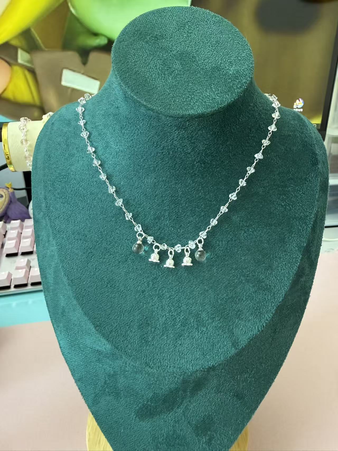 Clear Faceted Crystal Beaded Silver Necklace with Lily of the Valley Charms, Dainty Adjustable Choker for Women N13