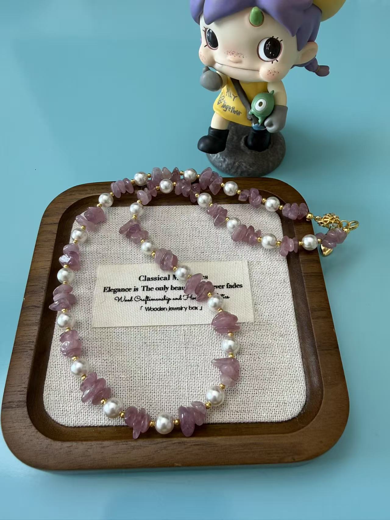 Purple Amethyst Chip & Faux Pearl Beaded Necklace, Gold Tone Bohemian Jewelry N45