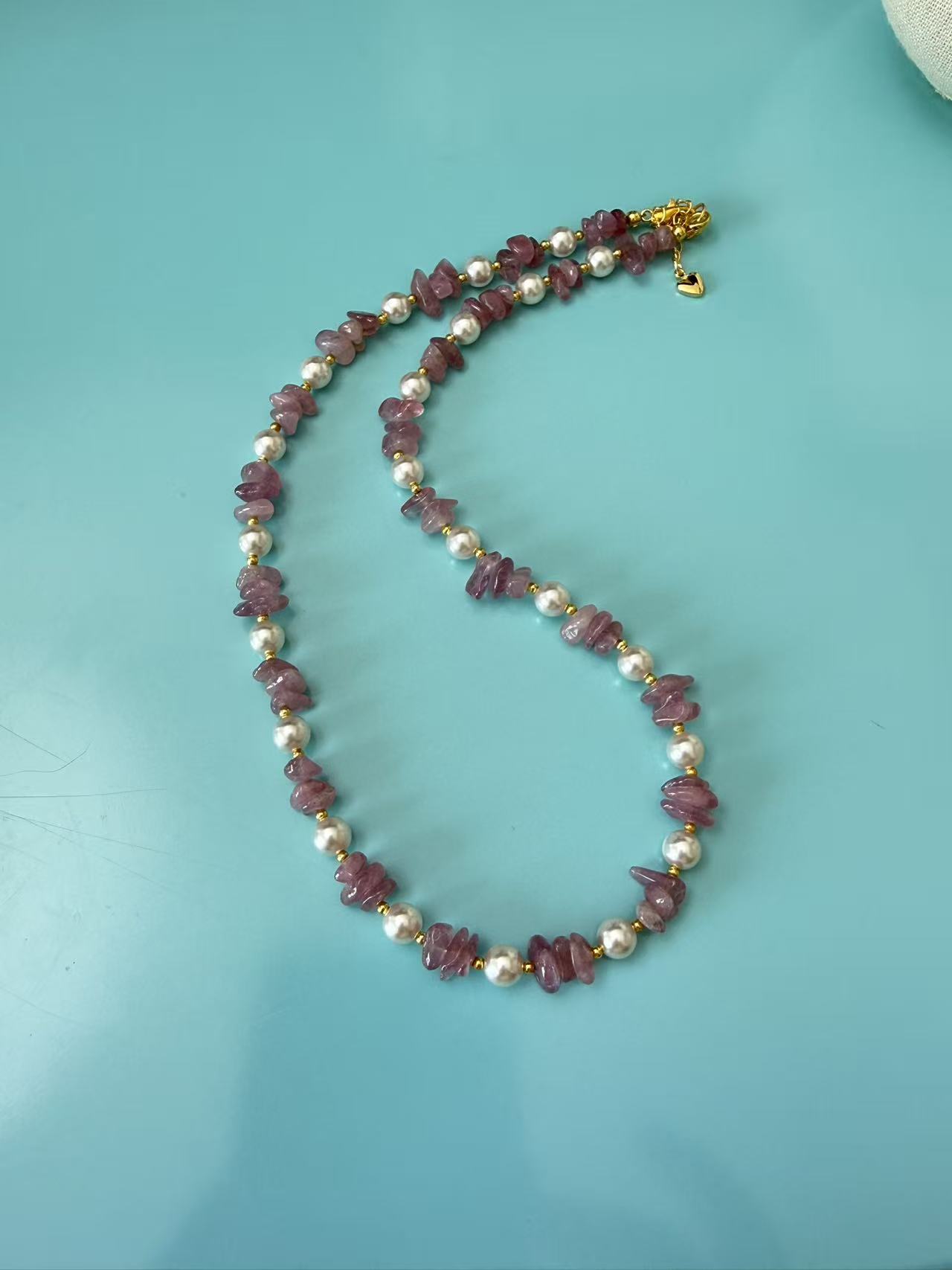 Purple Amethyst Chip & Faux Pearl Beaded Necklace, Gold Tone Bohemian Jewelry N45