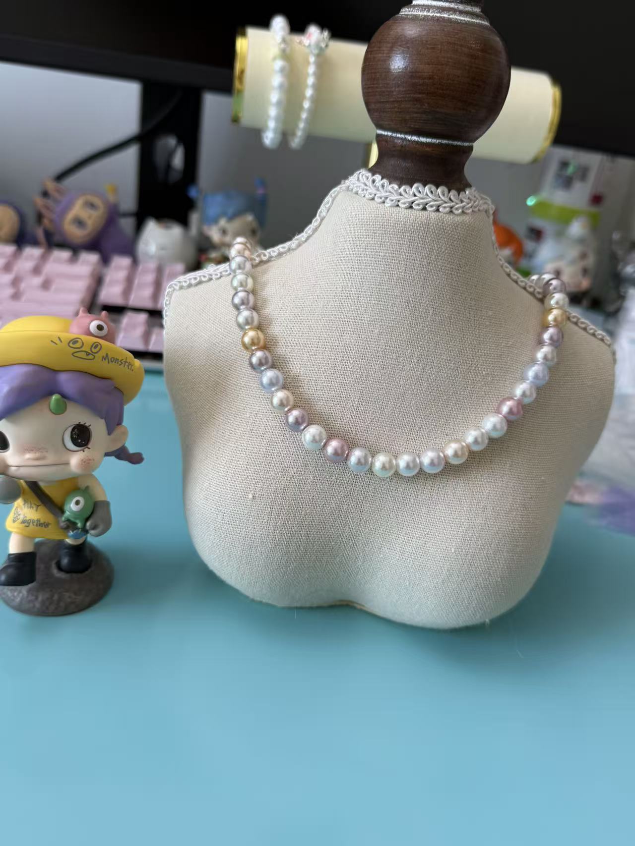 Candy Color Pastel Faux Pearl Choker Necklace, Multicolor Gradient Pearl Beaded Necklace N76
