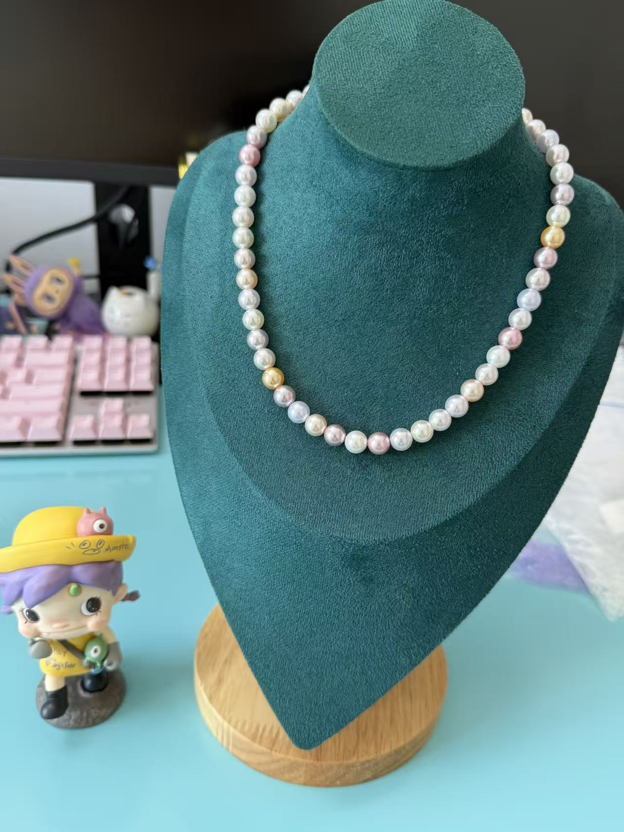 Candy Color Pastel Faux Pearl Choker Necklace, Multicolor Gradient Pearl Beaded Necklace N76