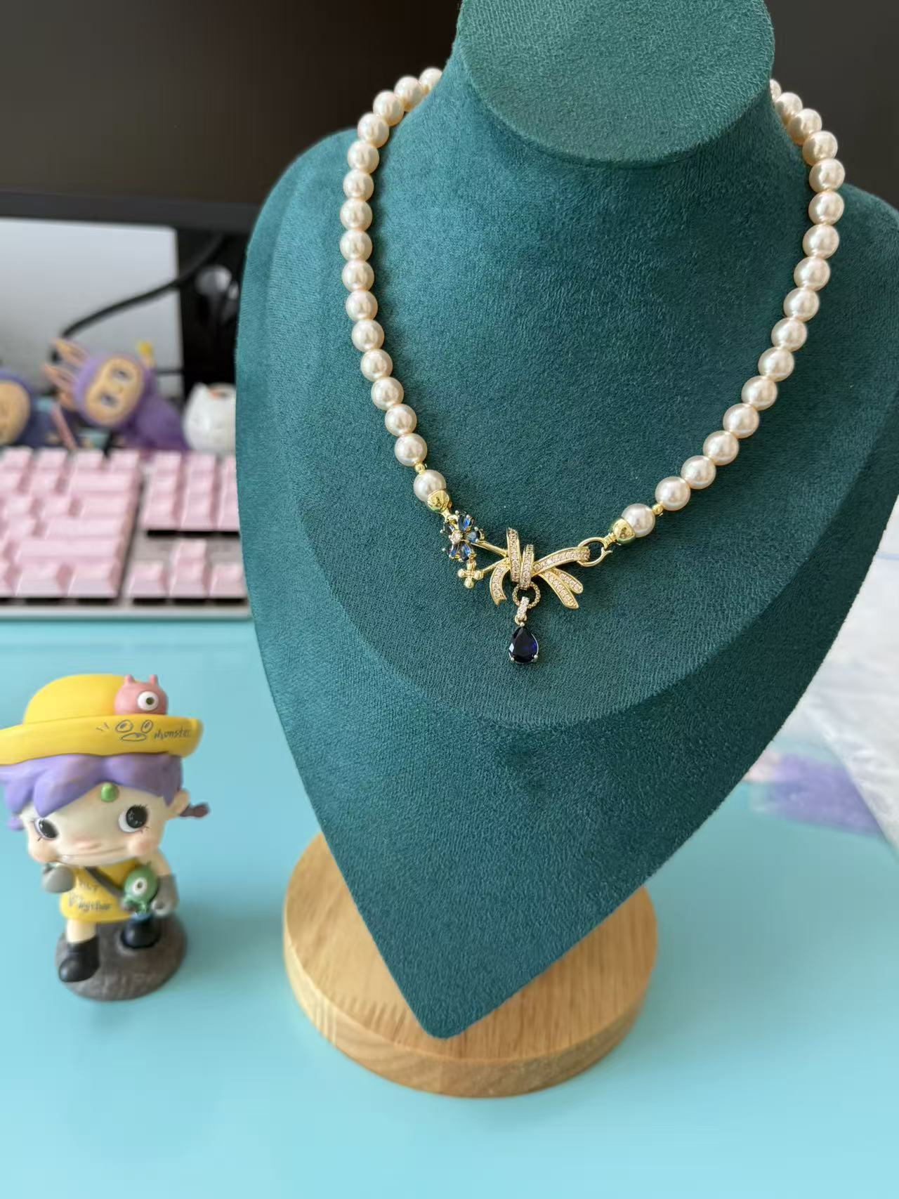 Blue Sapphire Bow & Flower Pearl Choker Necklace, Elegant Vintage Style N73