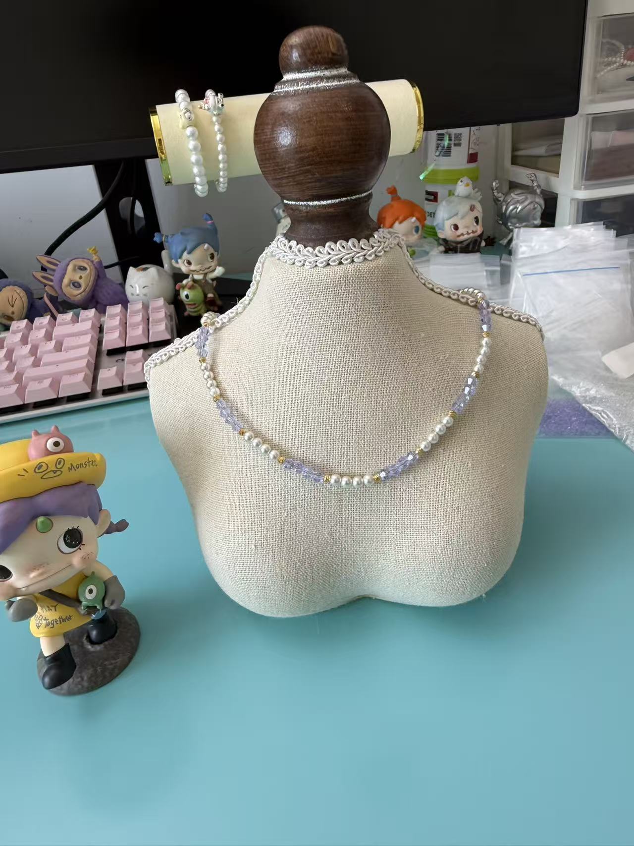 Lavender Faceted Crystal & Pearl Beaded Necklace, Dainty Two-Tone Choker, Elegant Everyday Jewelry for Women N02