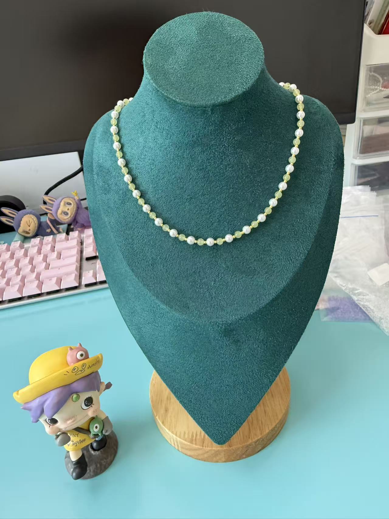 Jade Green Bead & Pearl Choker Necklace, Dainty Fresh Style Beaded Chain, Minimalist Everyday Jewelry for Women N71