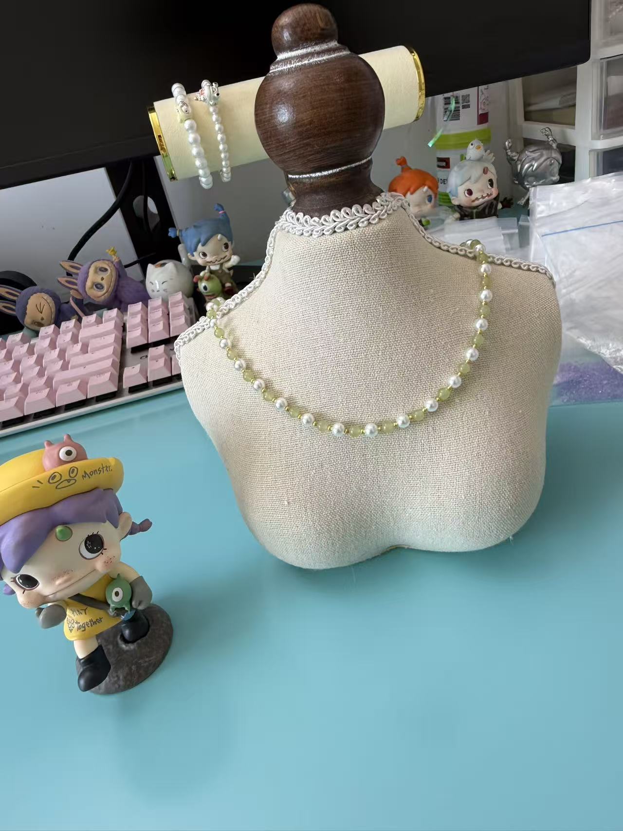 Jade Green Bead & Pearl Choker Necklace, Dainty Fresh Style Beaded Chain, Minimalist Everyday Jewelry for Women N71