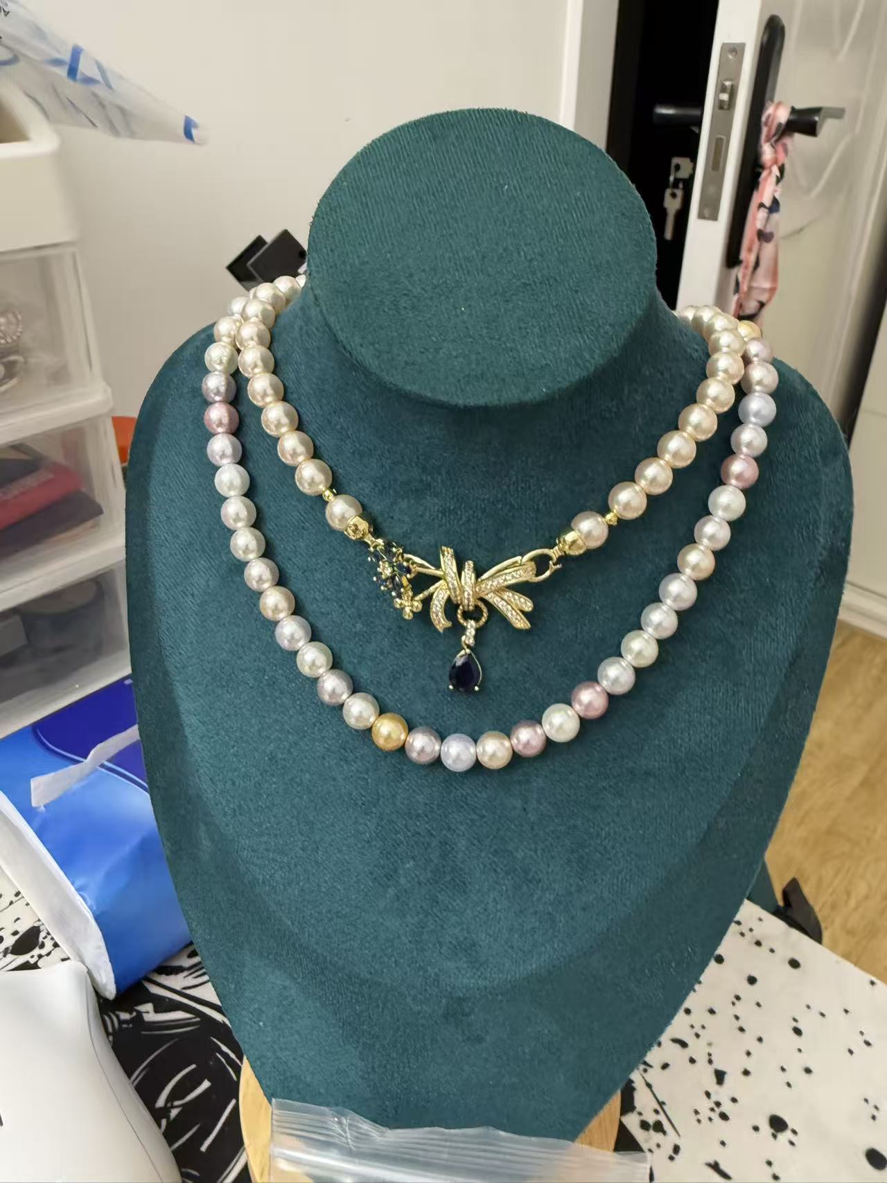 Blue Sapphire Bow & Flower Pearl Choker Necklace, Elegant Vintage Style N73