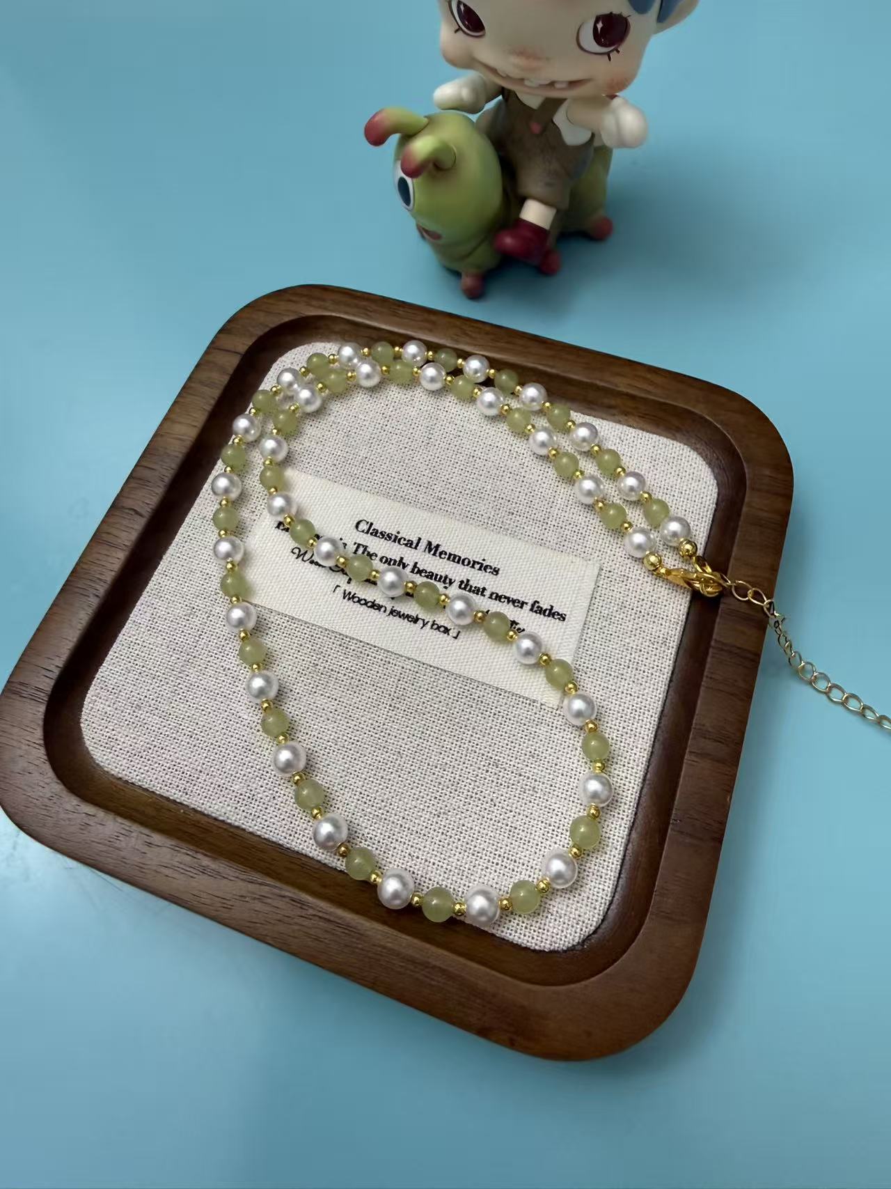 Jade Green Bead & Pearl Choker Necklace, Dainty Fresh Style Beaded Chain, Minimalist Everyday Jewelry for Women N71