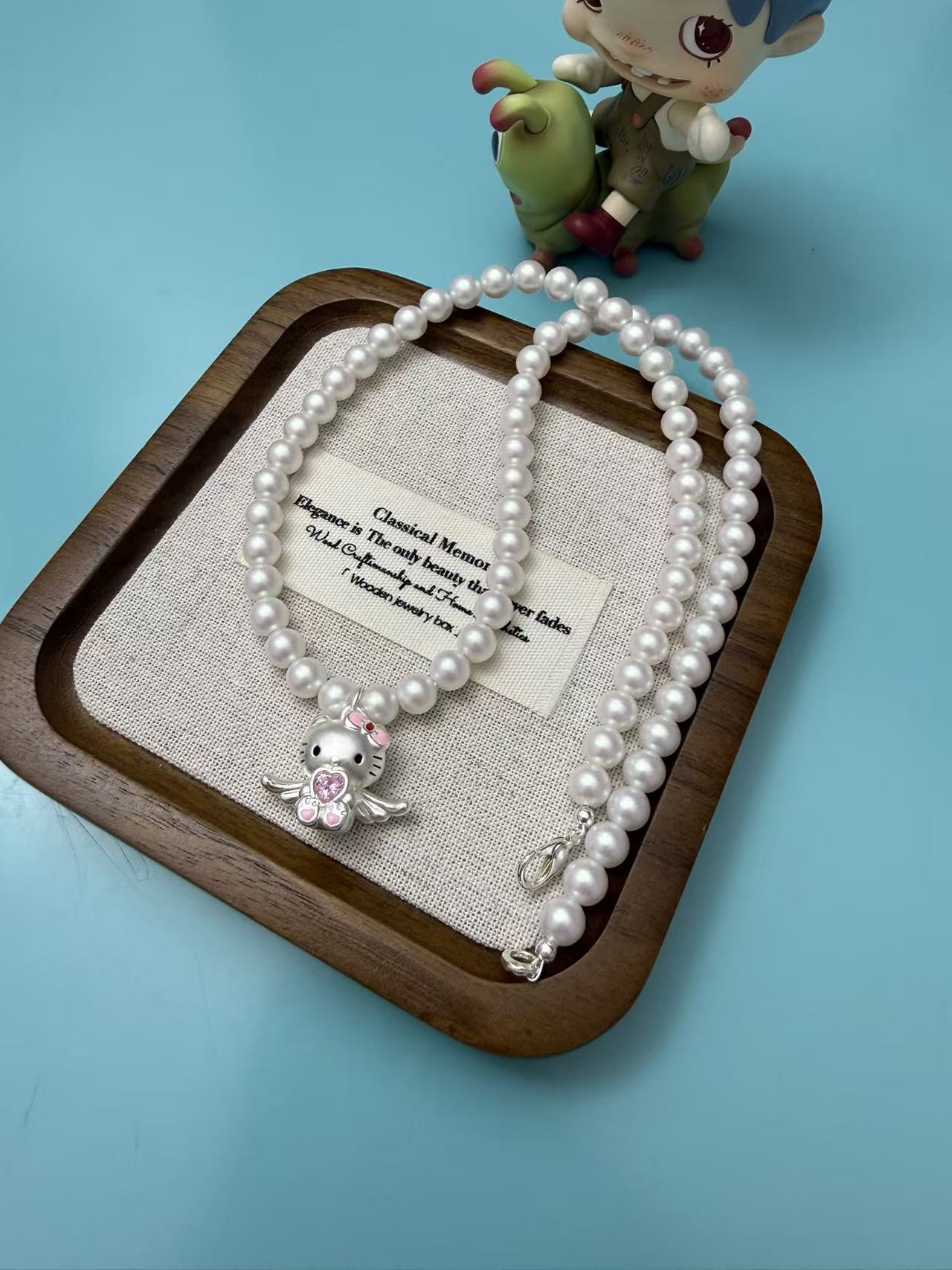 999 Sterling Silver Hello Kitty Angel Pendant Necklace, Dreamy Pink Sheen Faux Pearl Choker, Hypoallergenic Kawaii Jewelry for Girls N0001