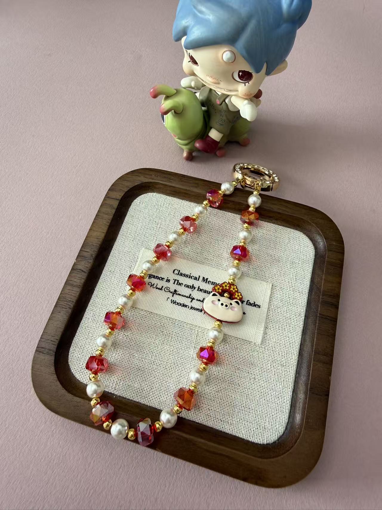 Cute Pig Charm Phone Chain | Red Gradient Crystal & Pearl Beaded Phone Strap with Gold Clasp P02