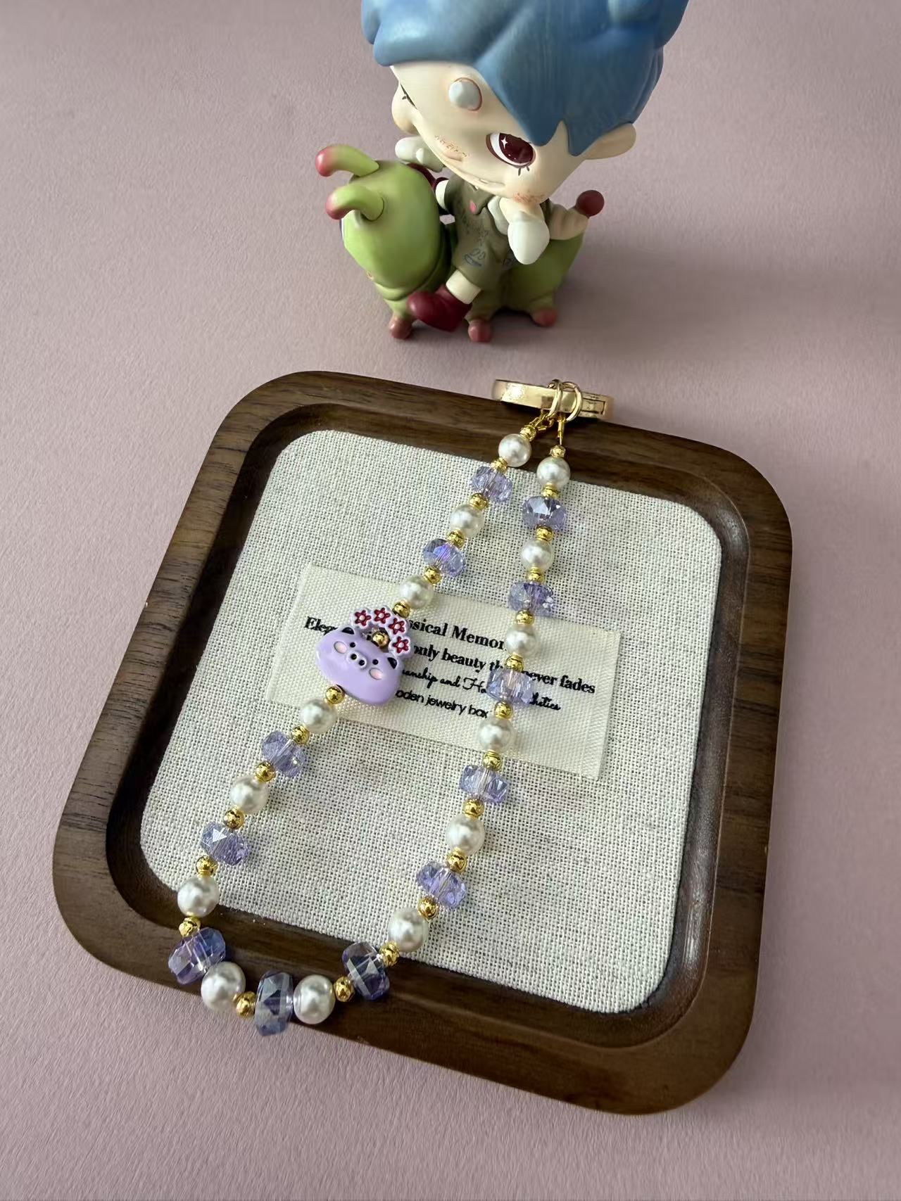 Cute Pig Charm Phone Chain | Purple Crystal & Pearl Beaded Phone Strap with Gold Clasp P001