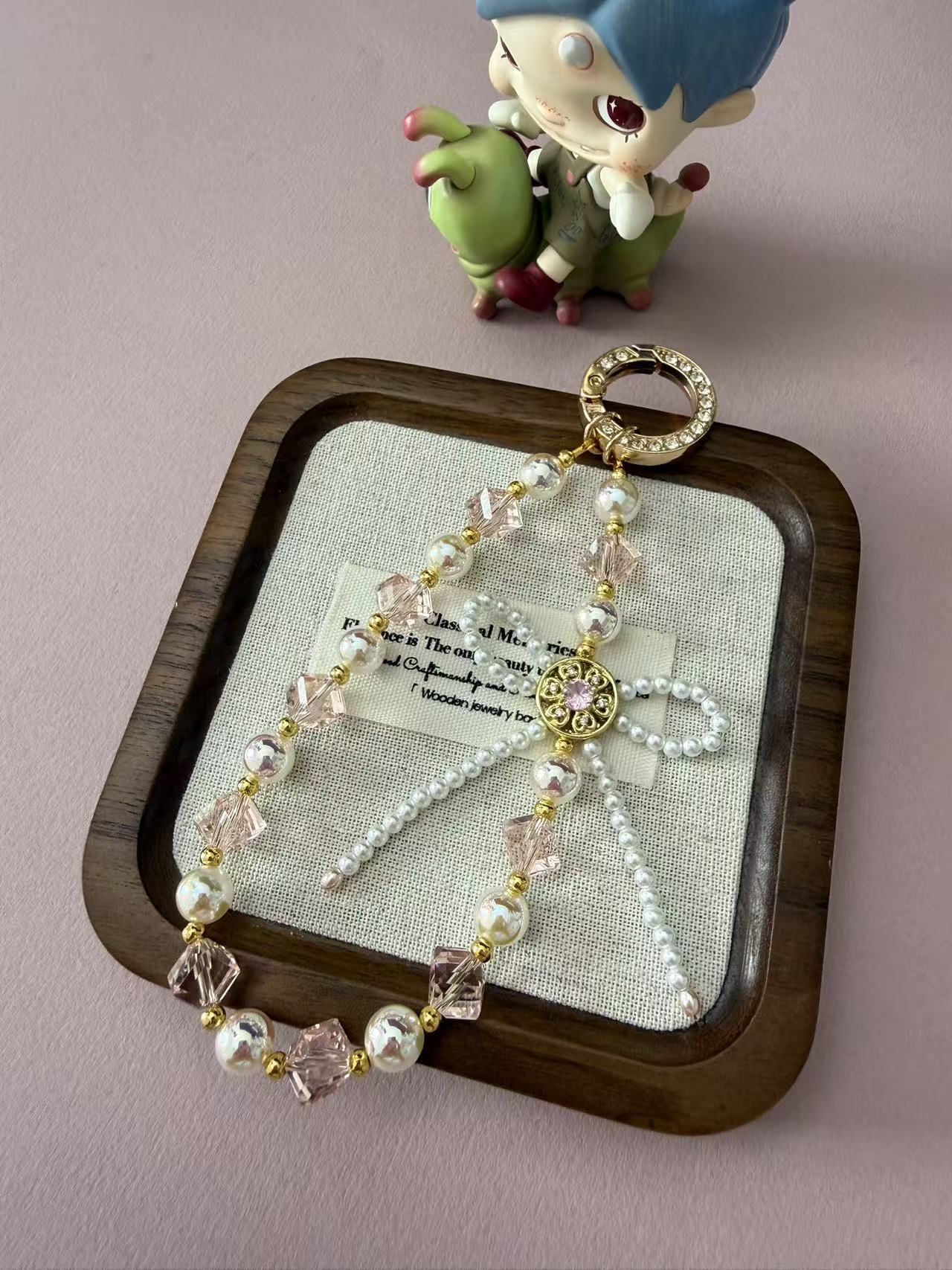 Pink Faceted Crystal & Iridescent Pearl Phone Chain | Gold Plated Charm Phone Strap with Rhinestone Clasp P003