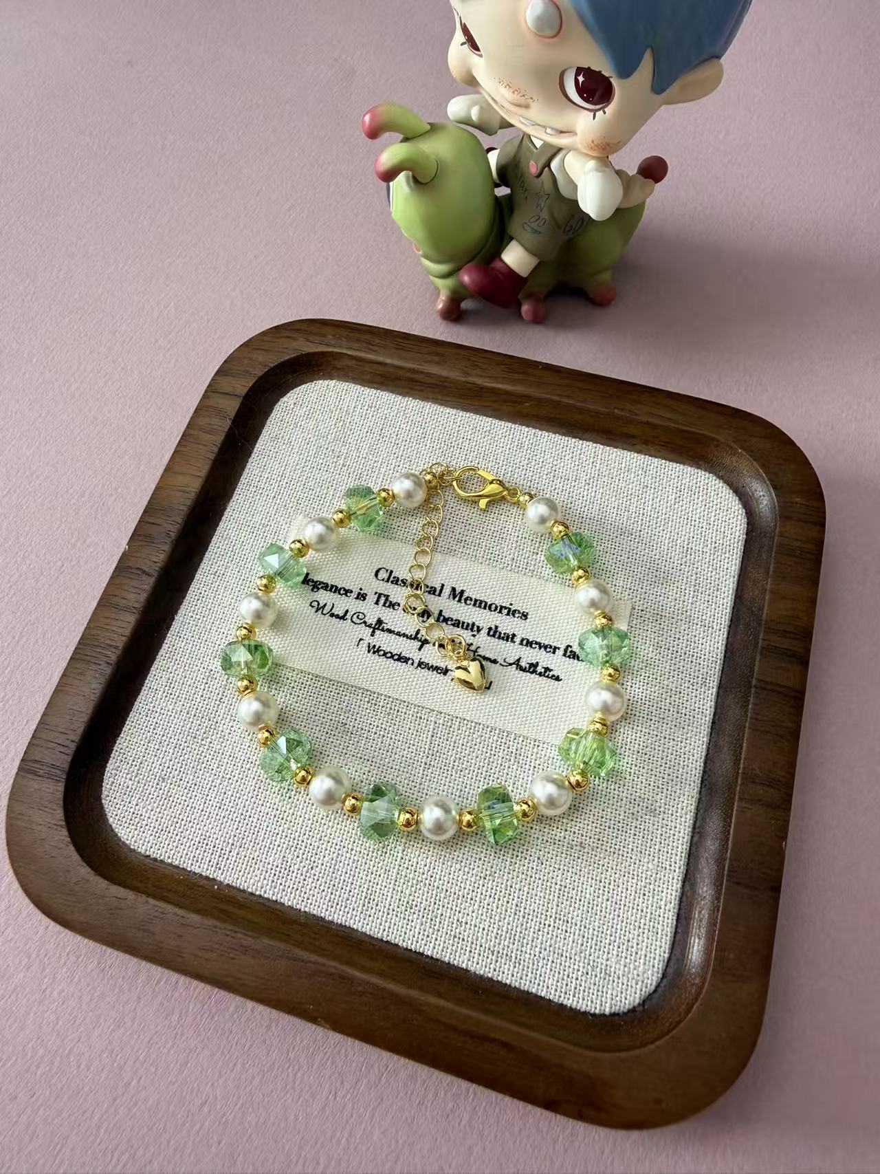 Light Green Cube Crystal & Pearl Beaded Bracelet | Adjustable Gold Plated Bracelet with Heart Charm for Women B342