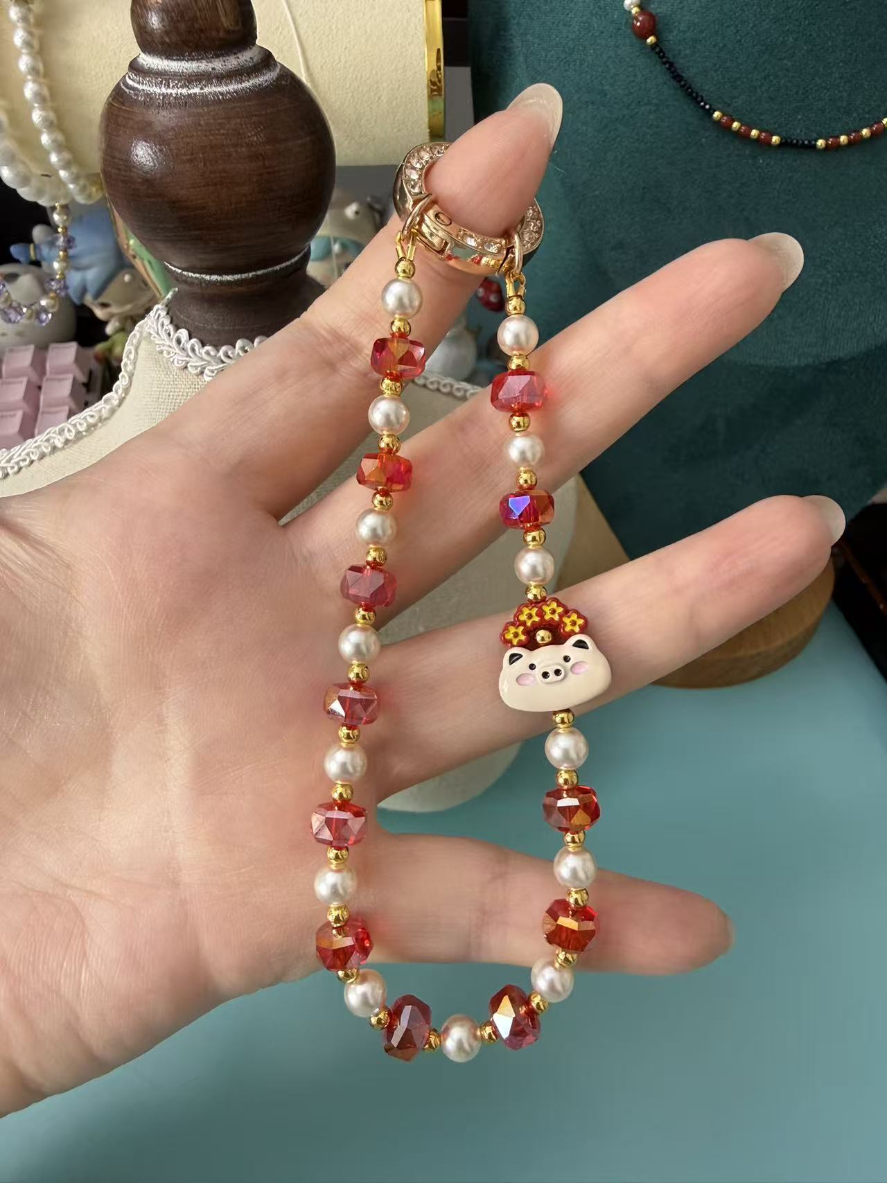 Cute Pig Charm Phone Chain | Red Gradient Crystal & Pearl Beaded Phone Strap with Gold Clasp P02