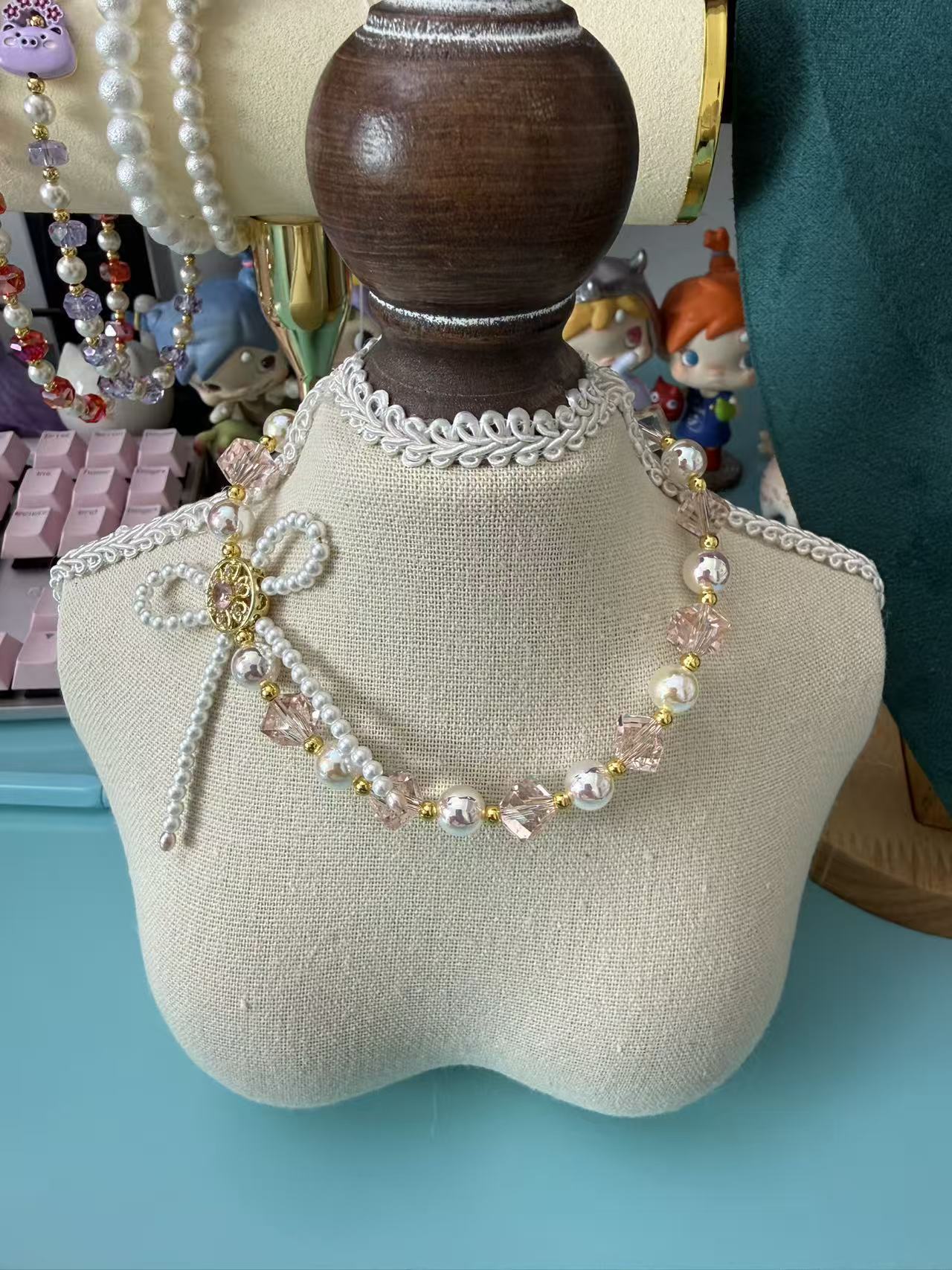 Pink Faceted Crystal & Iridescent Pearl Phone Chain | Gold Plated Charm Phone Strap with Rhinestone Clasp P003