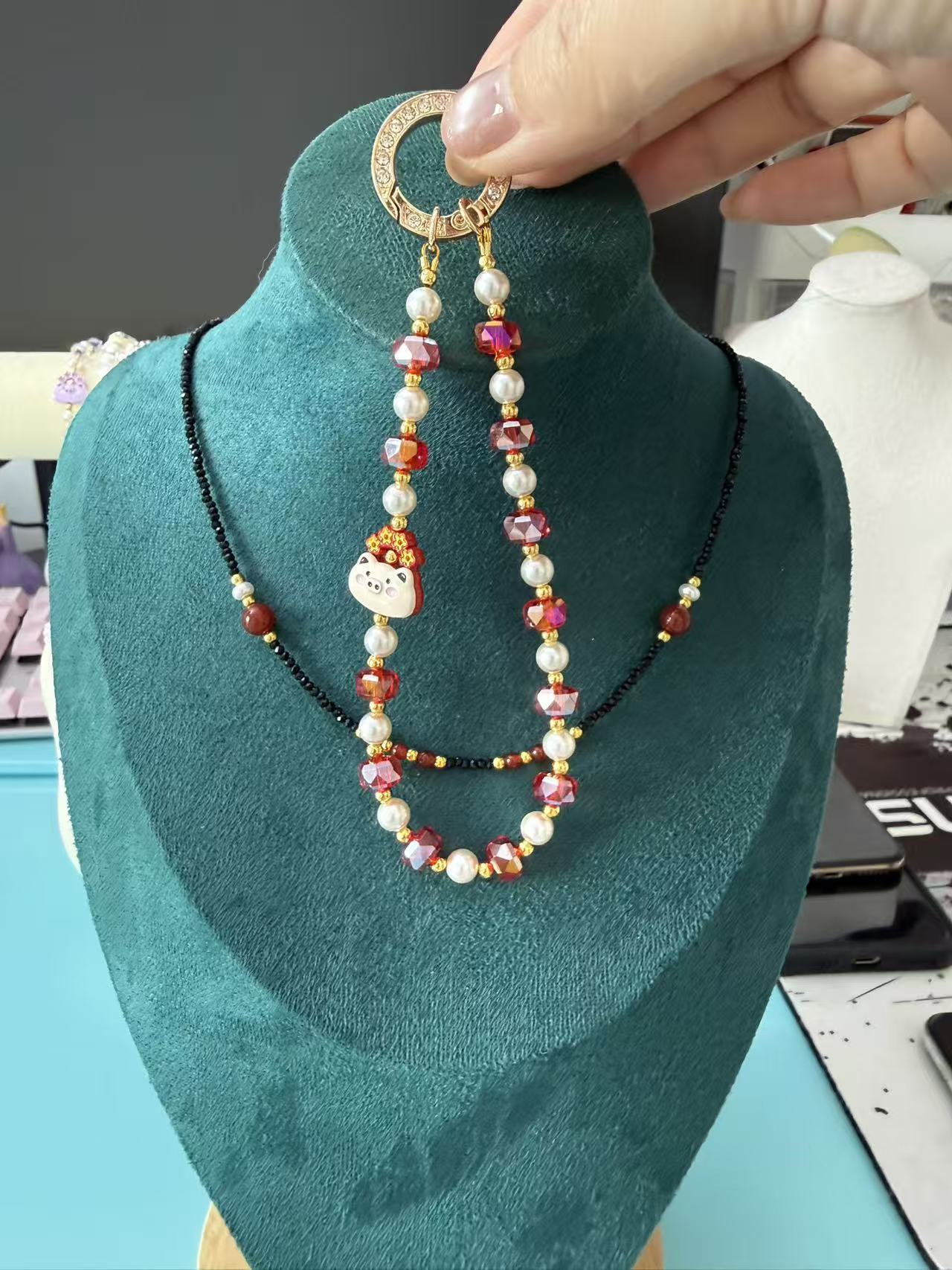 Cute Pig Charm Phone Chain | Red Gradient Crystal & Pearl Beaded Phone Strap with Gold Clasp P02