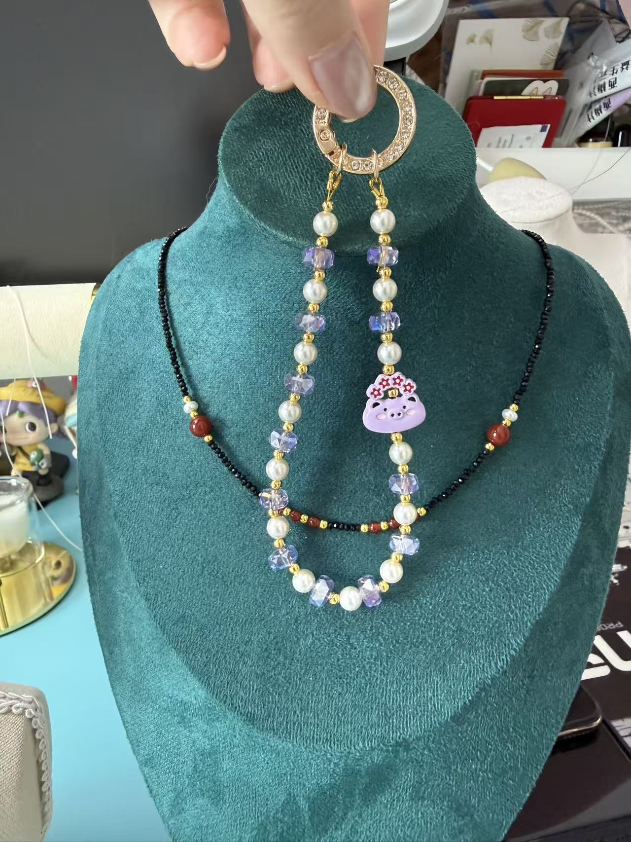 Cute Pig Charm Phone Chain | Purple Crystal & Pearl Beaded Phone Strap with Gold Clasp P001