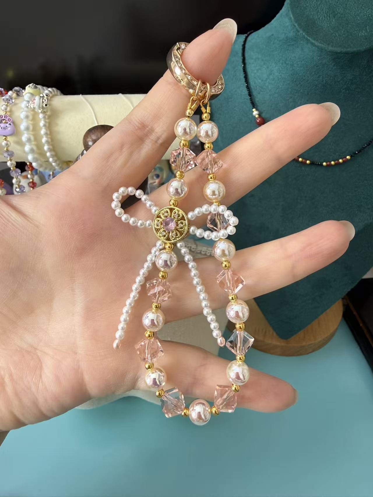 Pink Faceted Crystal & Iridescent Pearl Phone Chain | Gold Plated Charm Phone Strap with Rhinestone Clasp P003