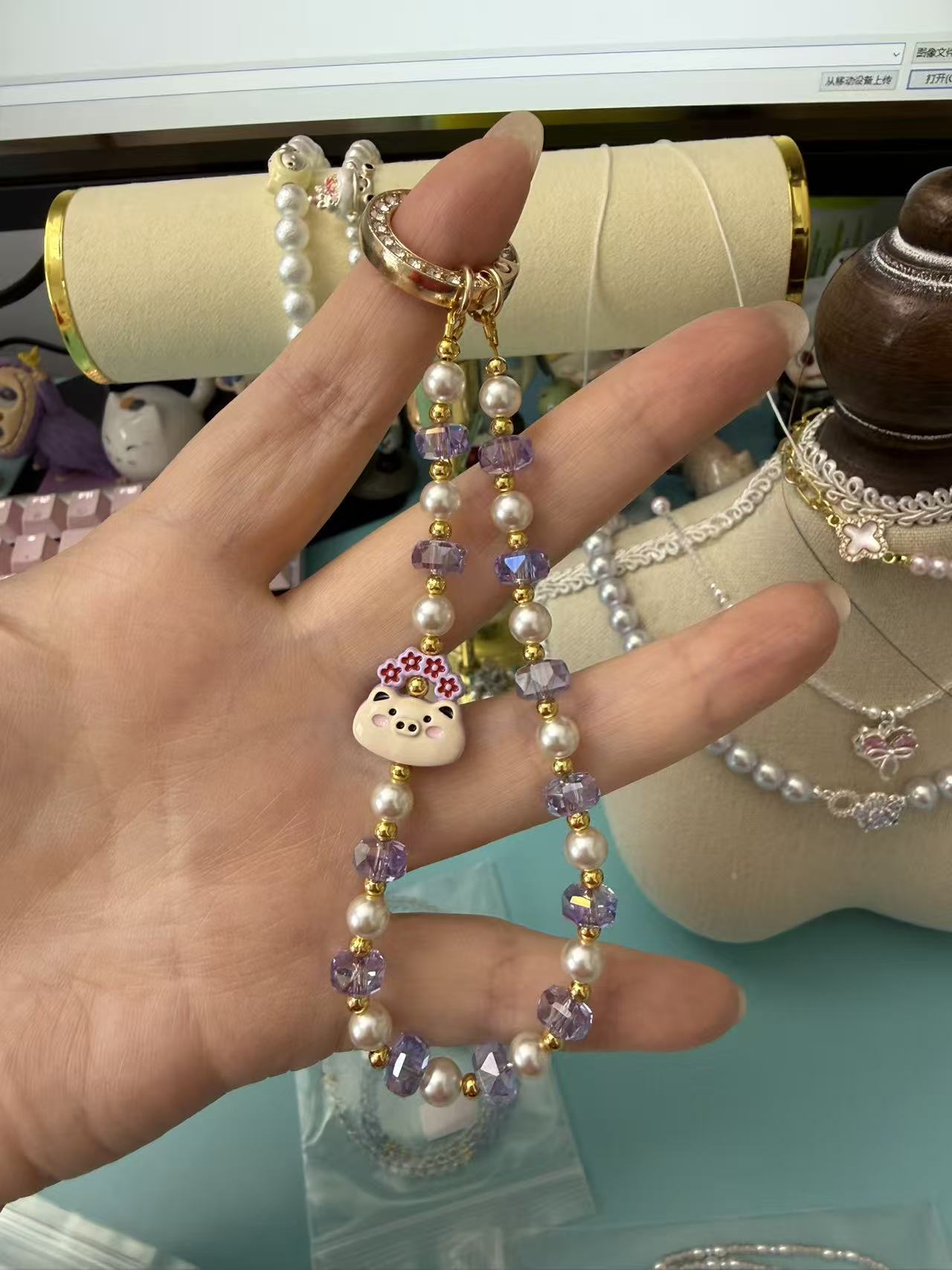 Cute Pig Charm Phone Chain | Purple Crystal & Pearl Beaded Phone Strap with Gold Clasp P001