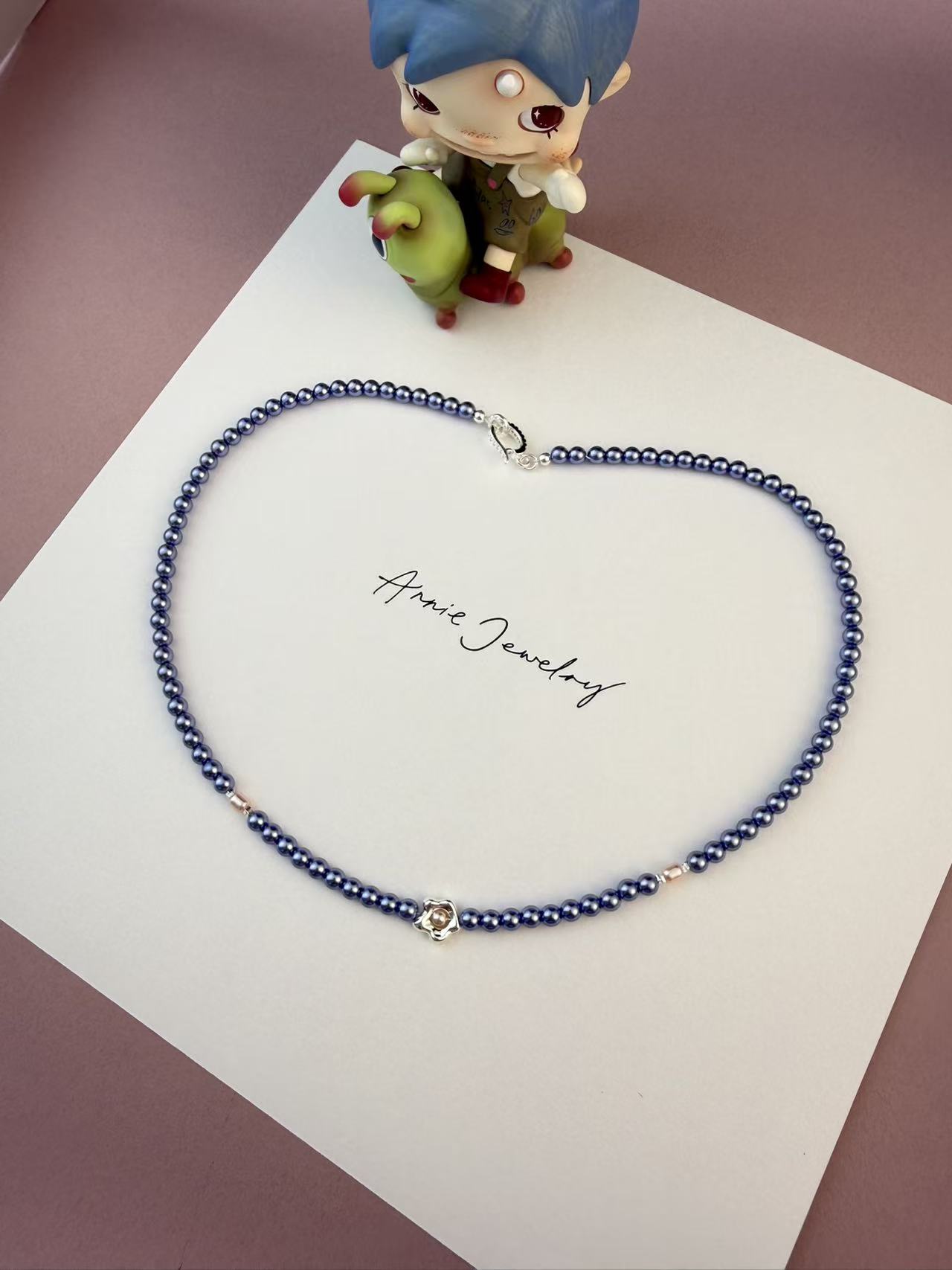 Lavender Purple Pearl Beaded Necklace | Silver Tone Rose Charm Choker for Women N68