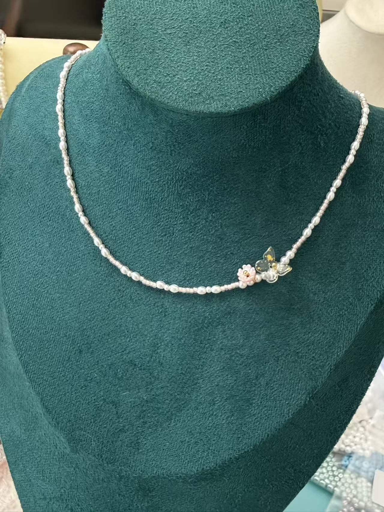 Dainty Freshwater Pearl Choker Necklace | Delicate Beaded Necklace with Flower & Butterfly Charm N62