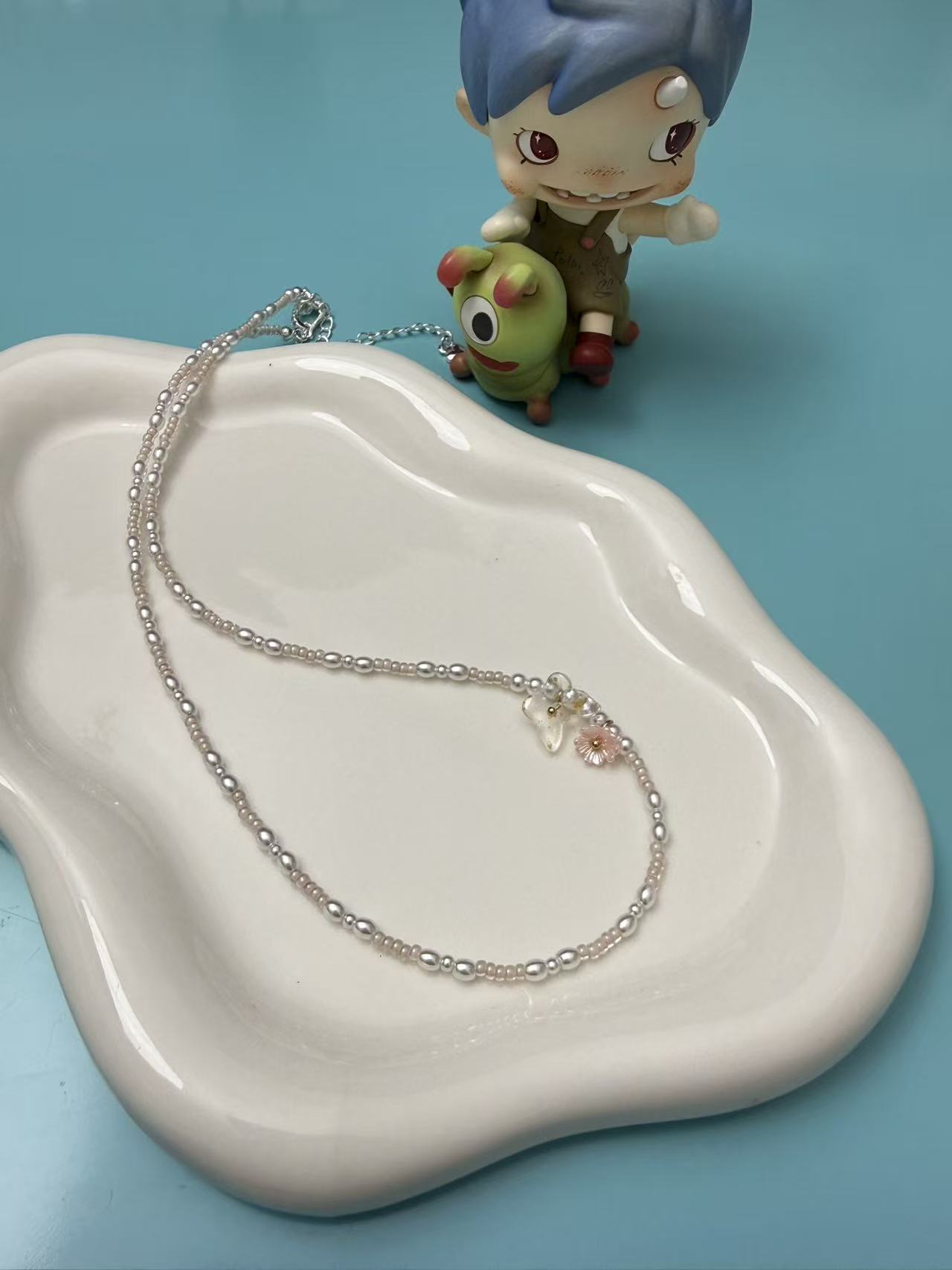 Dainty Freshwater Pearl Choker Necklace | Delicate Beaded Necklace with Flower & Butterfly Charm N62