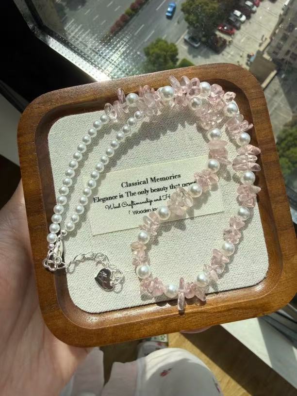 Natural Pink Crystal Chip & Pearl Beaded Necklace | Adjustable Silver Tone Women’s Choker N36