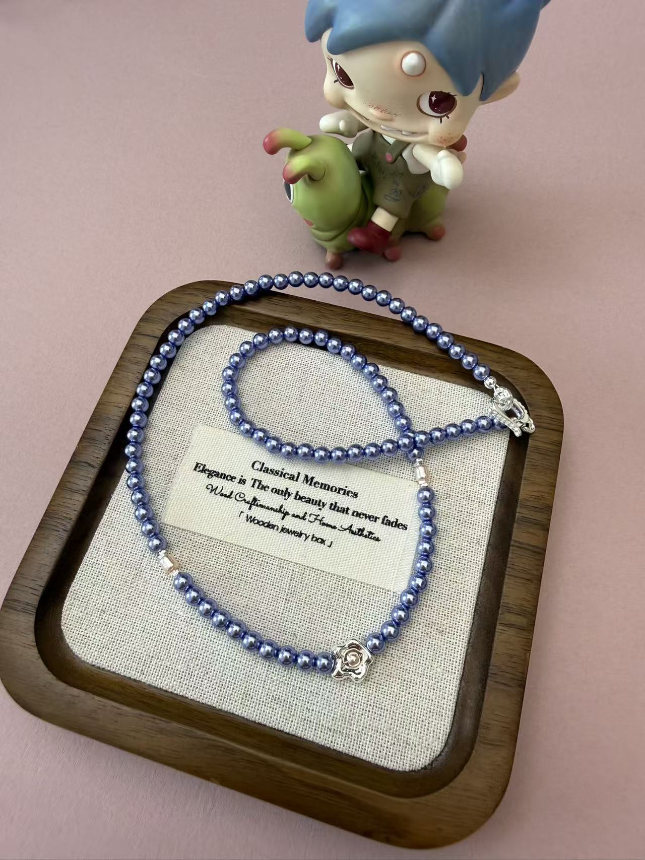 Lavender Purple Pearl Beaded Necklace | Silver Tone Rose Charm Choker for Women N68