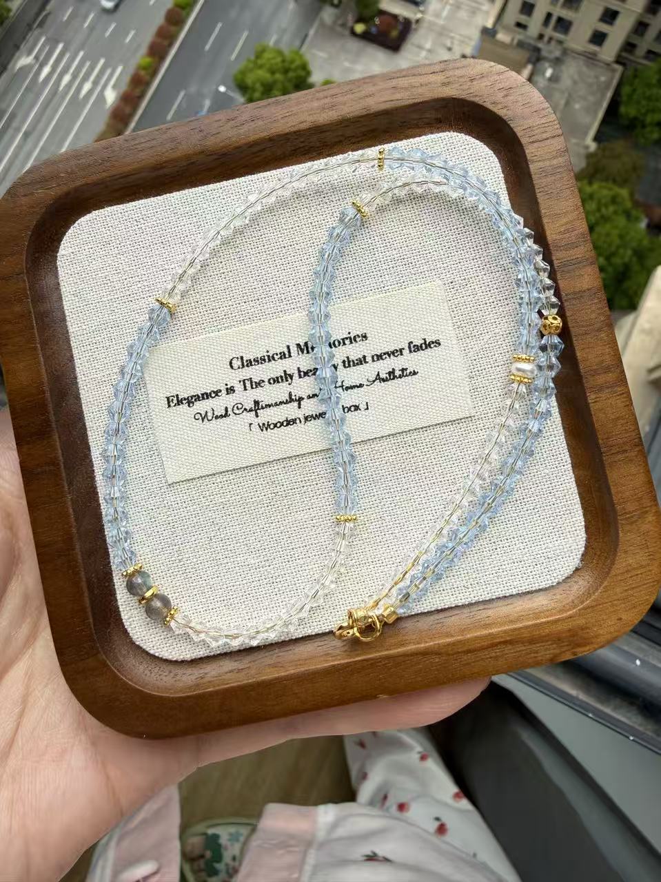 Sea Blue Gradient Crystal Beaded Necklace | Delicate Choker with Gray Bead & Gold Accents N22