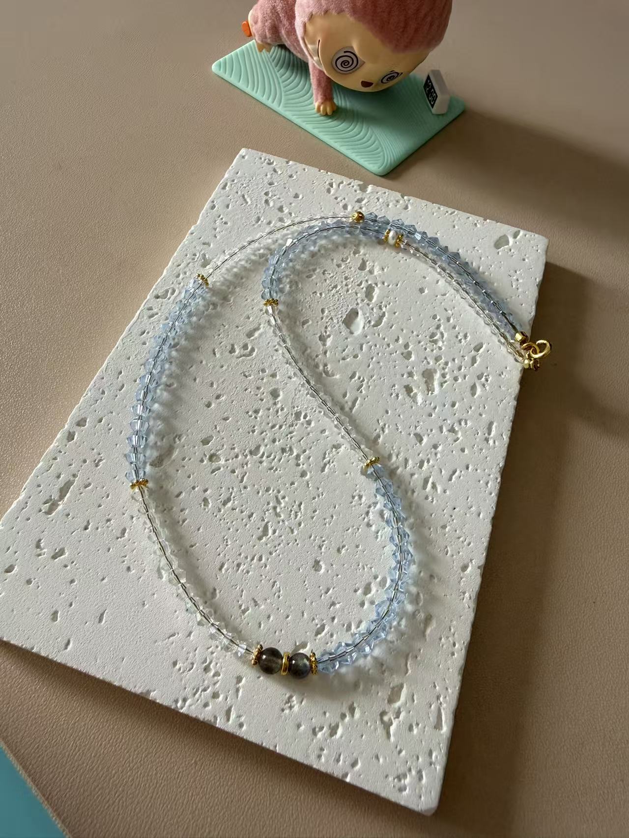 Sea Blue Gradient Crystal Beaded Necklace | Delicate Choker with Gray Bead & Gold Accents N22