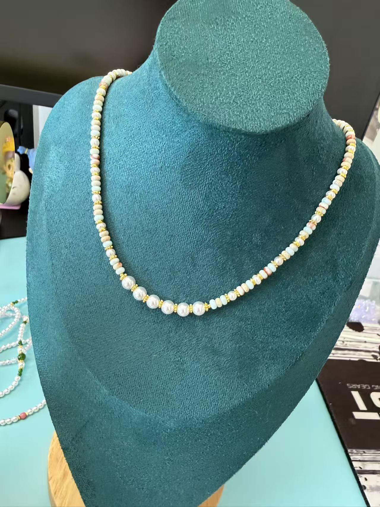 Pastel Stone & Pearl Beaded Necklace | Adjustable Gold Plated Choker with Multicolor Disc Beads N19