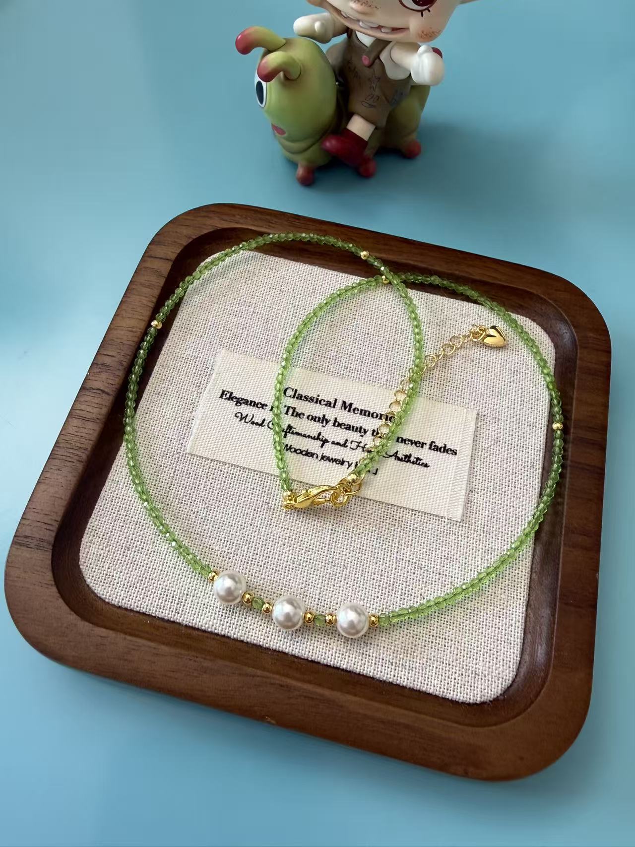 Olive Green Faceted Crystal Beaded Necklace with Pearls | Adjustable Gold Plated Choker N03