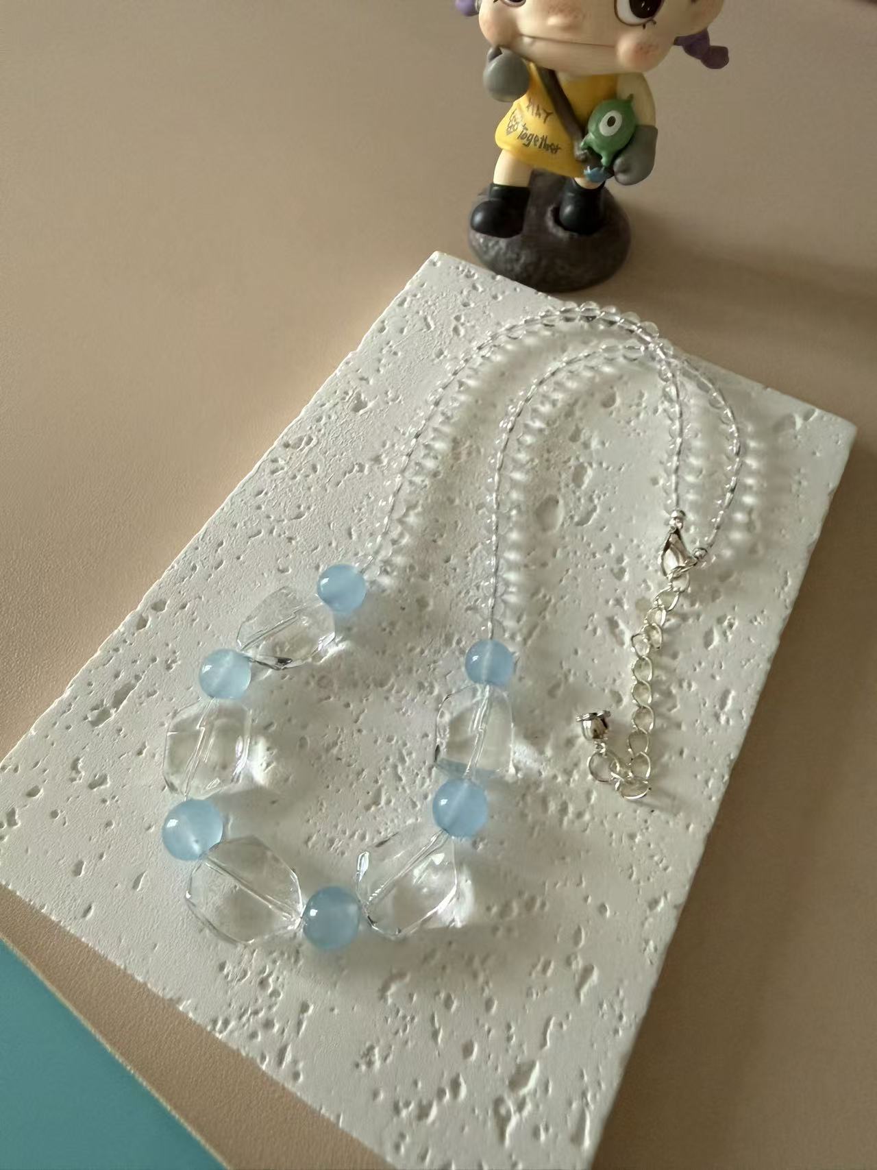 Clear Quartz & Light Blue Crystal Beaded Necklace | Adjustable Silver Choke N26