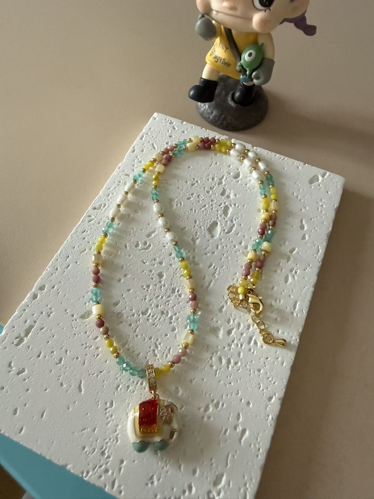 Colorful Beaded Bracelet with Enamel Elephant Charm | Freshwater Pearl & Pastel Stone Beaded Bracelet N17